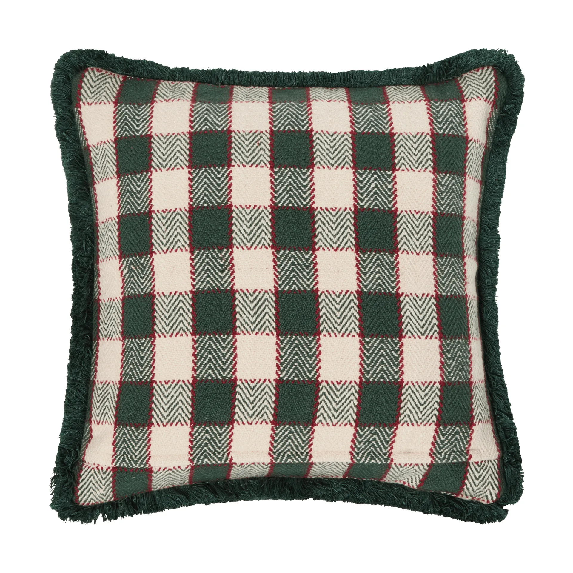 Checked organic cotton fringe kussenhoes, Green-light beige-red Lexington