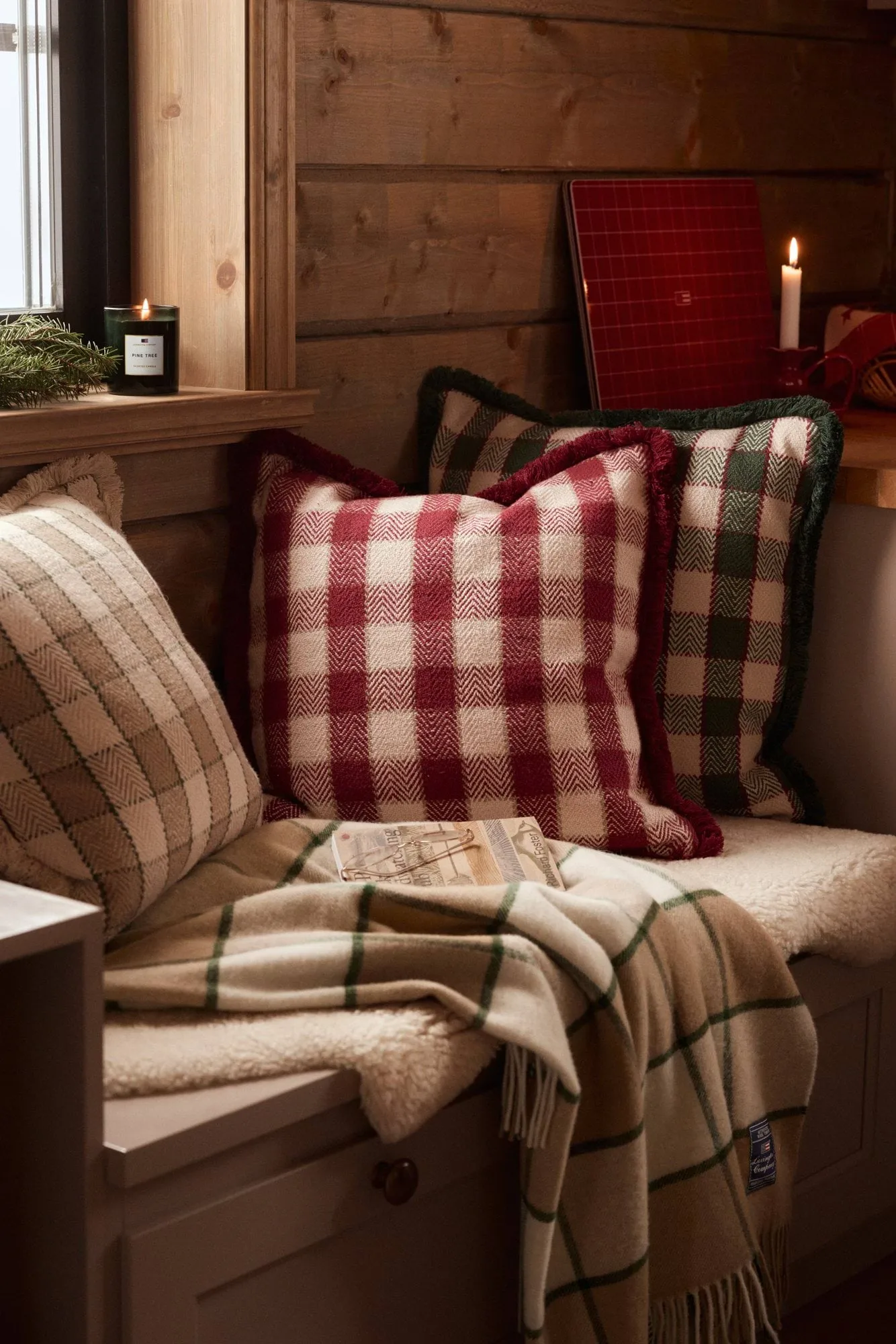 Checked organic cotton fringe kussenhoes, Green-light beige-red Lexington
