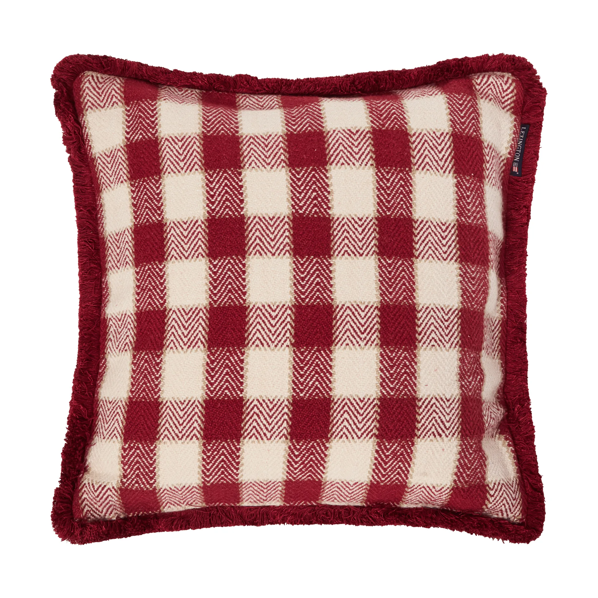 Checked organic cotton fringe kussenhoes, Red-light beige-beige Lexington