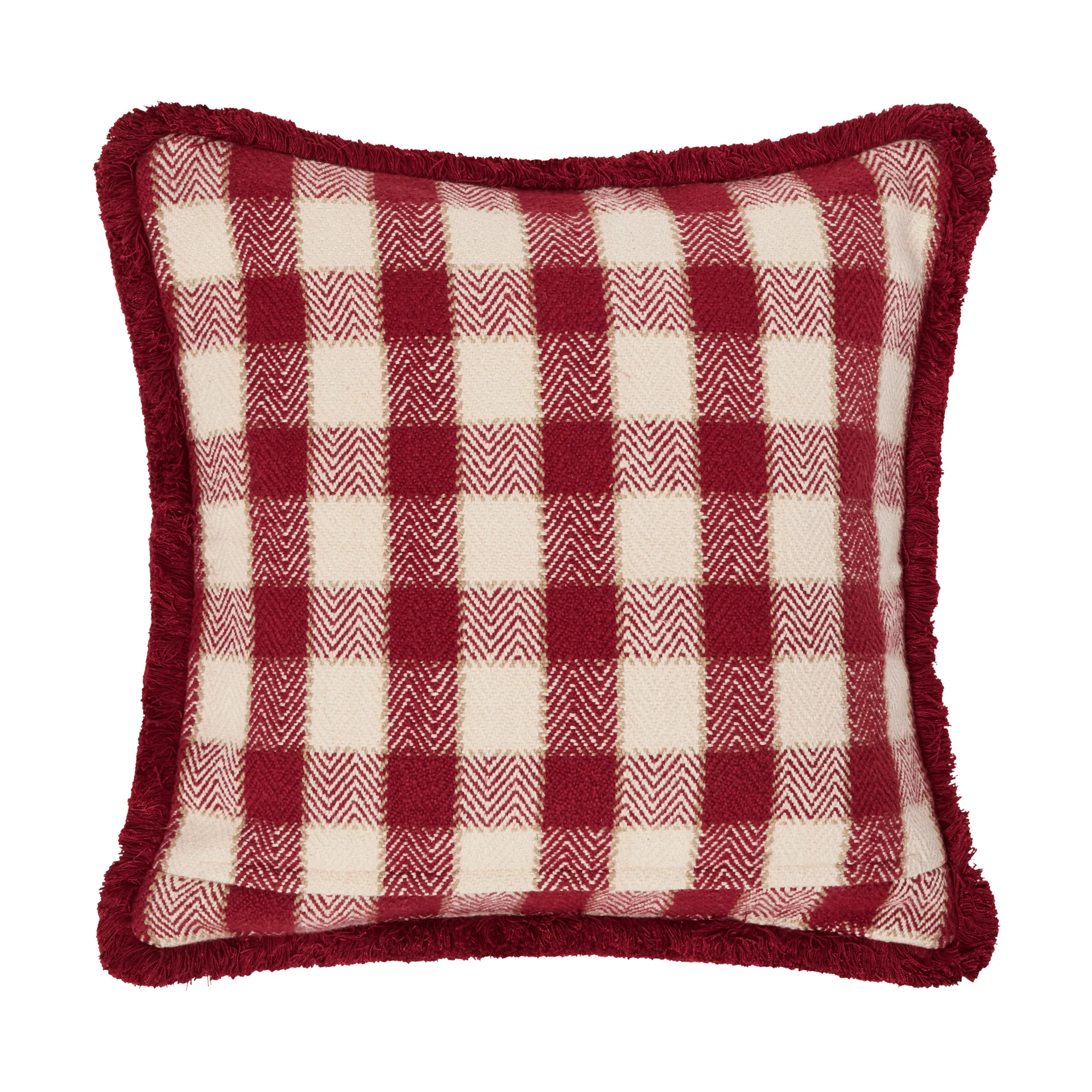 Checked organic cotton fringe kussenhoes, Red-light beige-beige Lexington