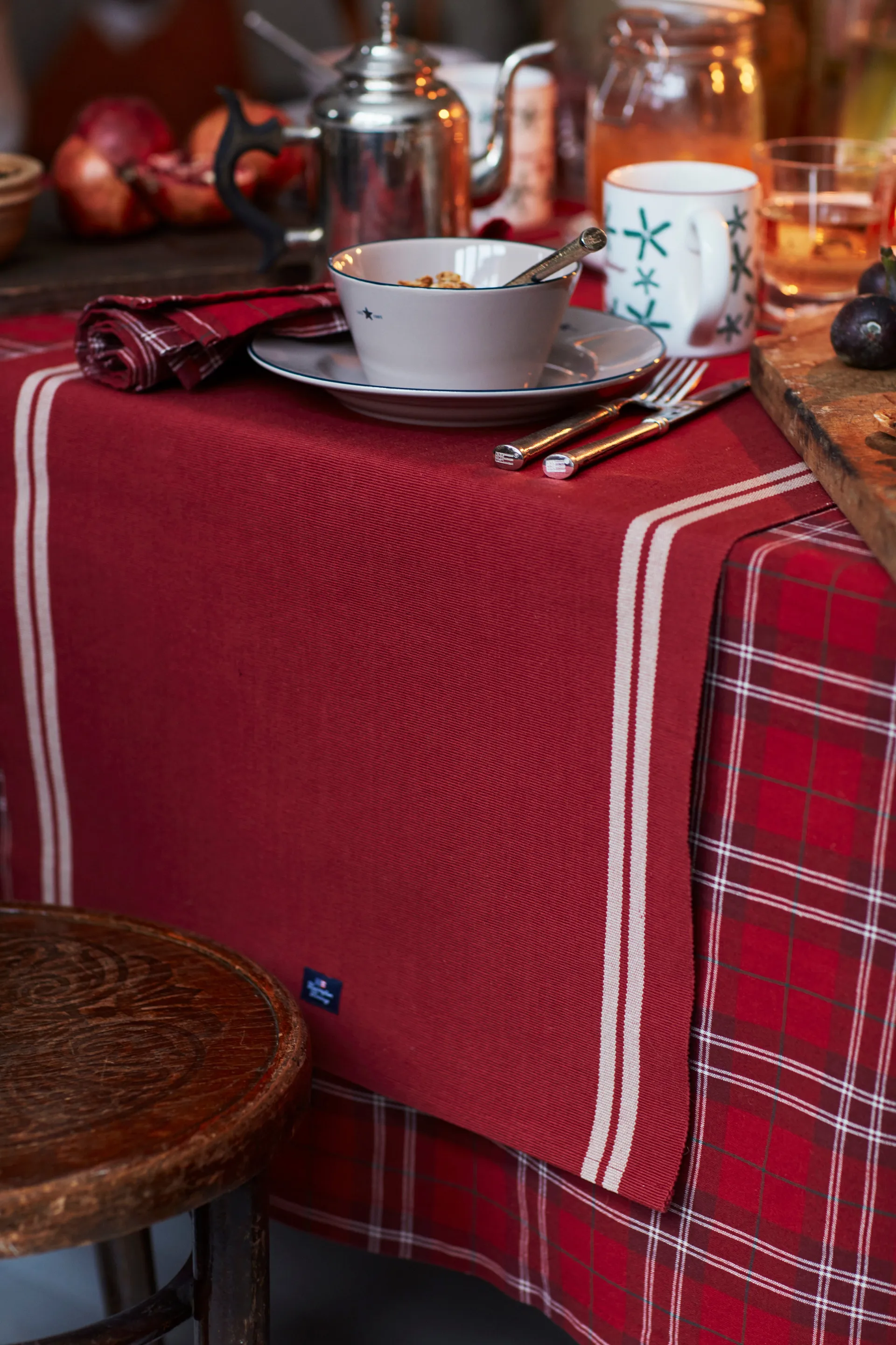 Checked Organic Cotton Oxford tafelkleed 150x250 cm, Red-beige-green Lexington