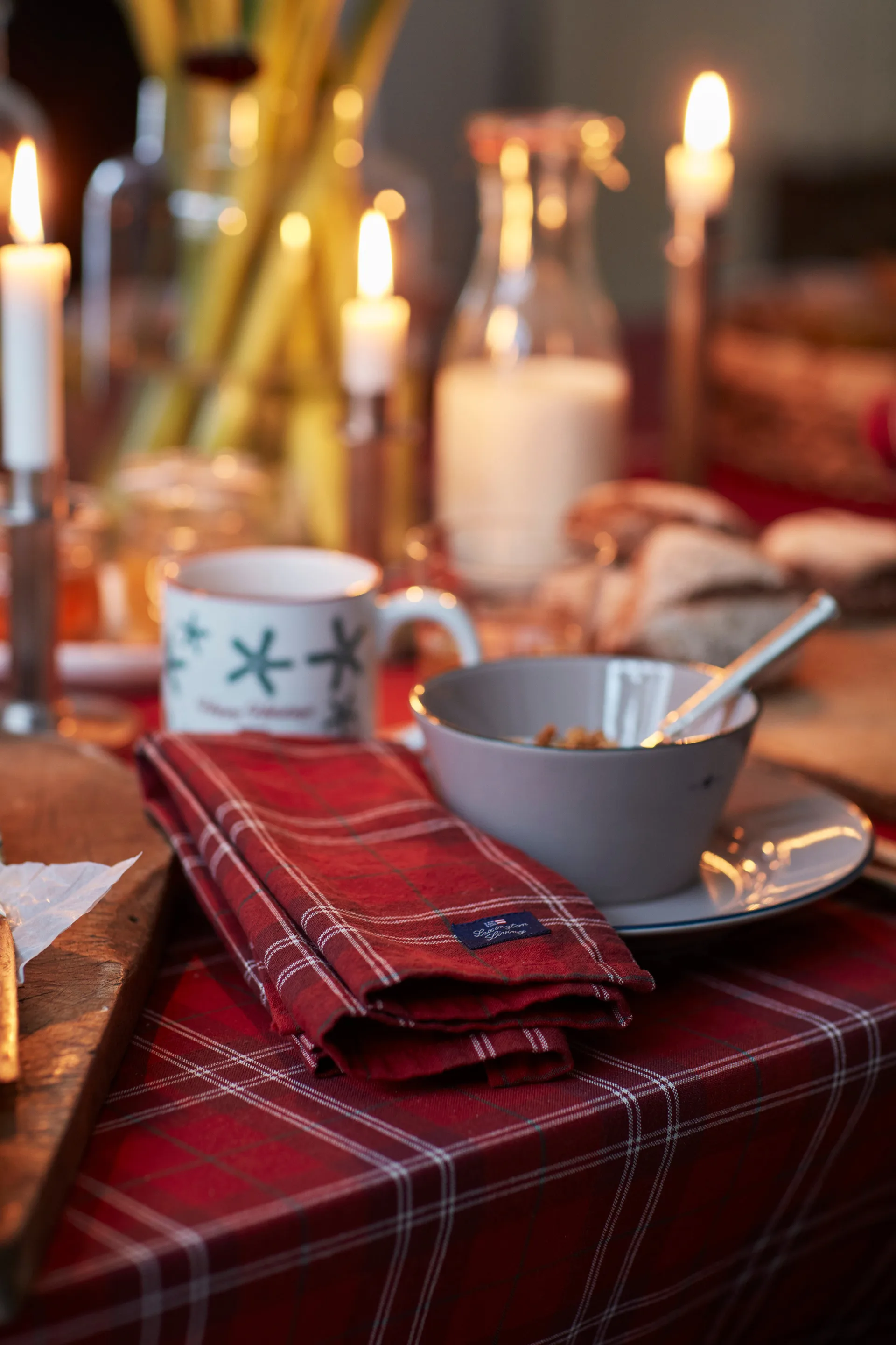 Checked Organic Cotton Oxford tafelkleed 180x180 cm, Red-beige-green Lexington