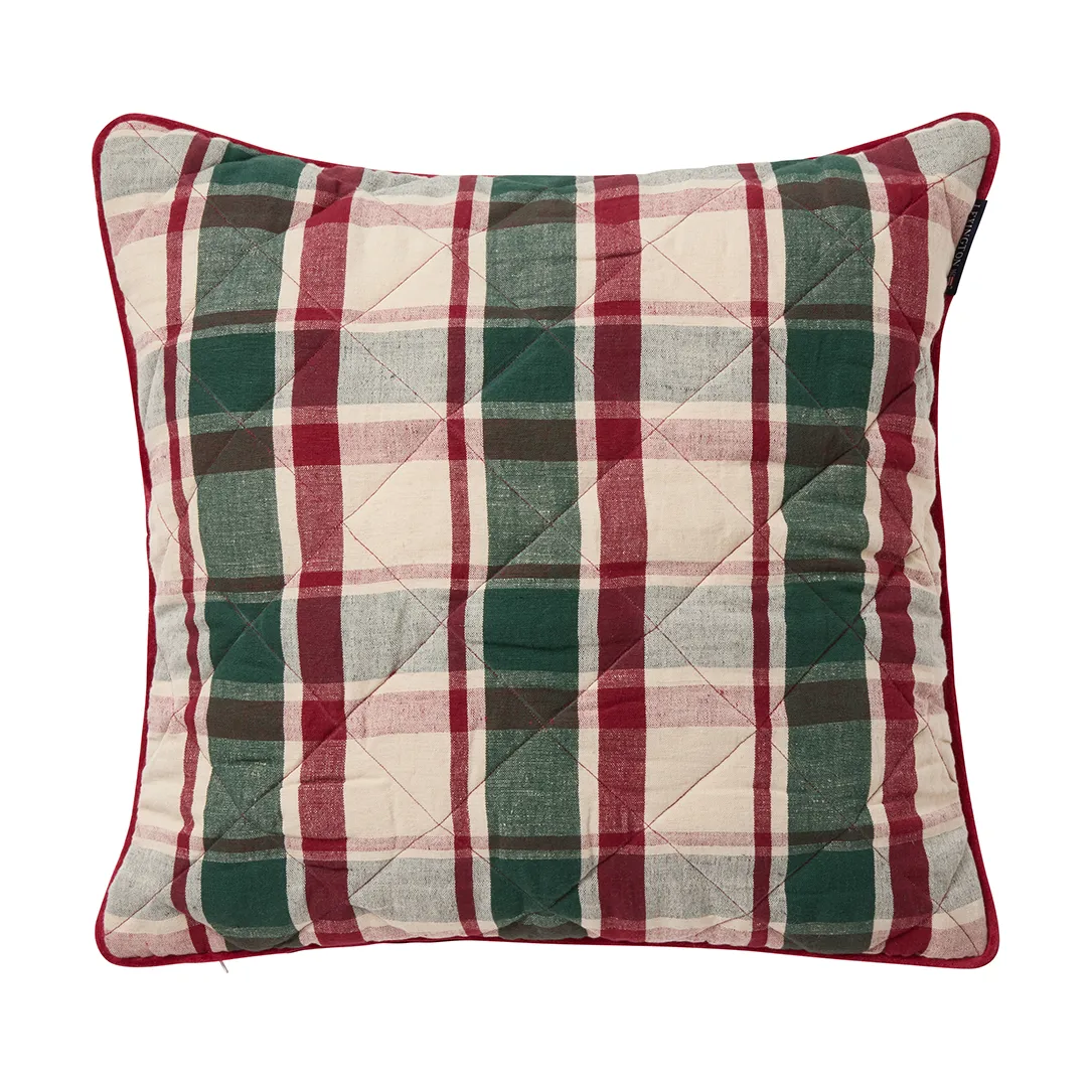 Checked quilted linnen/katoenen kussenhoes 50x50 cm, Green-red-beige Lexington