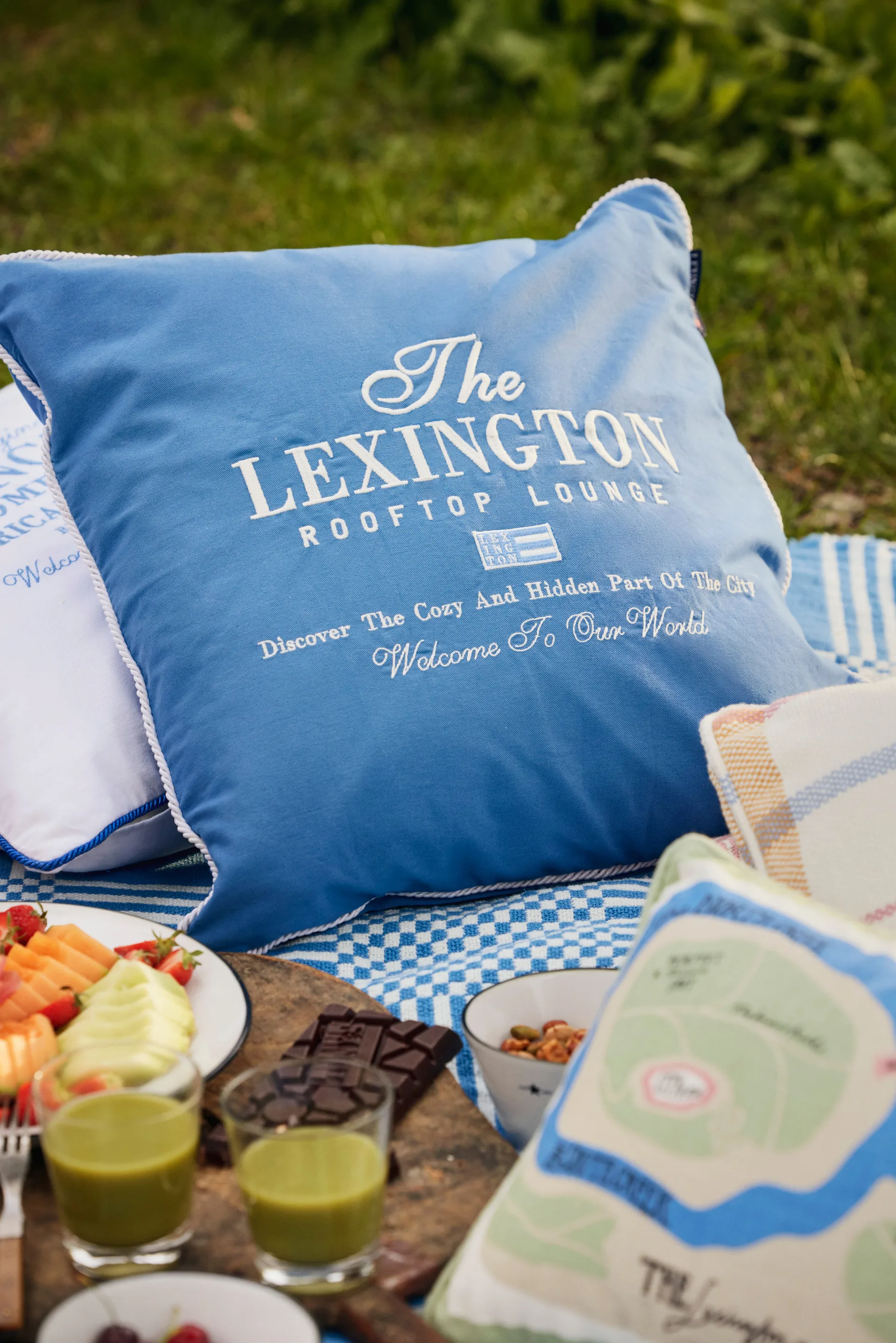 Checked Recycled Cotton picknickdeken 150x150 cm, Blue Lexington