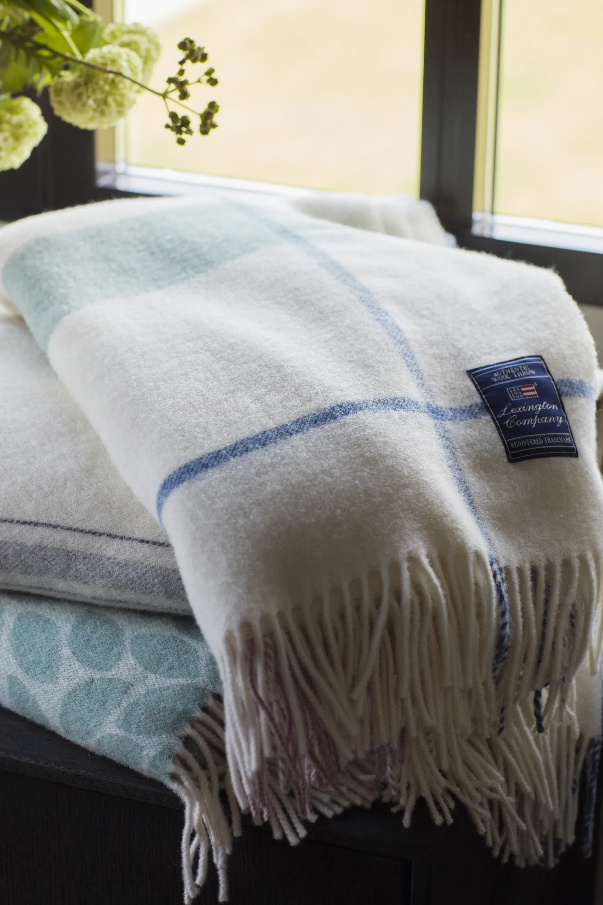 Checked Recycled wollen plaid 130x170 cm, Offwhite-groen-roze Lexington