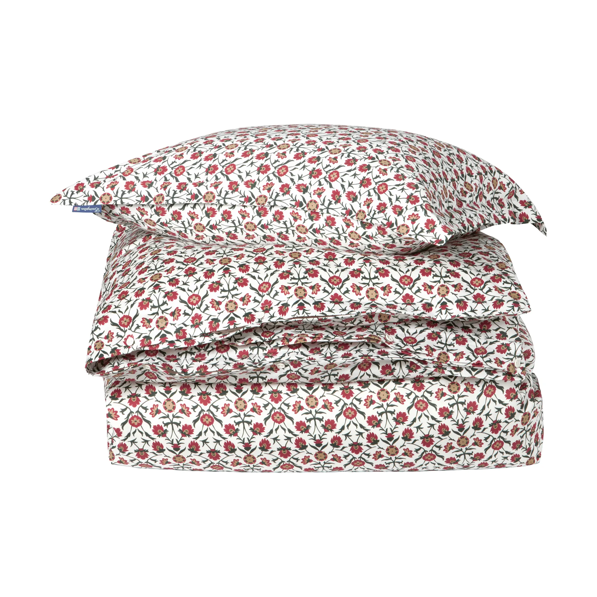 Flower printed cotton sateen dekbedovertrek, White-red-green-beige, 2 st 50x60 cm/1 st 220x220 cm Lexington