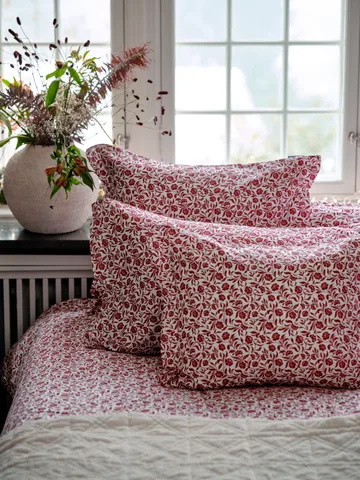 Flower printed cotton sateen dekbedovertrek - Wit-rood - Lexington
