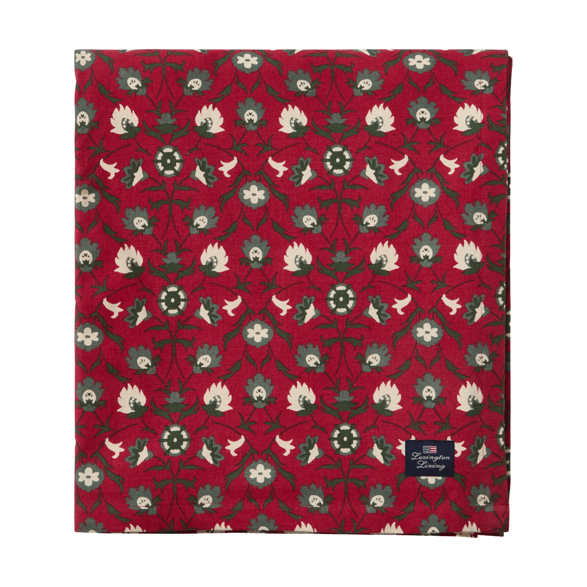 Flower printed tafelkleed van biologisch katoen, Red-beige-green, 150x250 cm Lexington