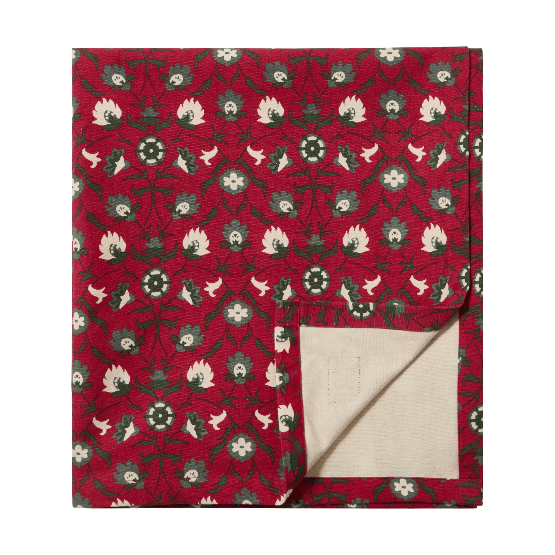 Flower printed tafelkleed van biologisch katoen, Red-beige-green, 150x350 cm Lexington