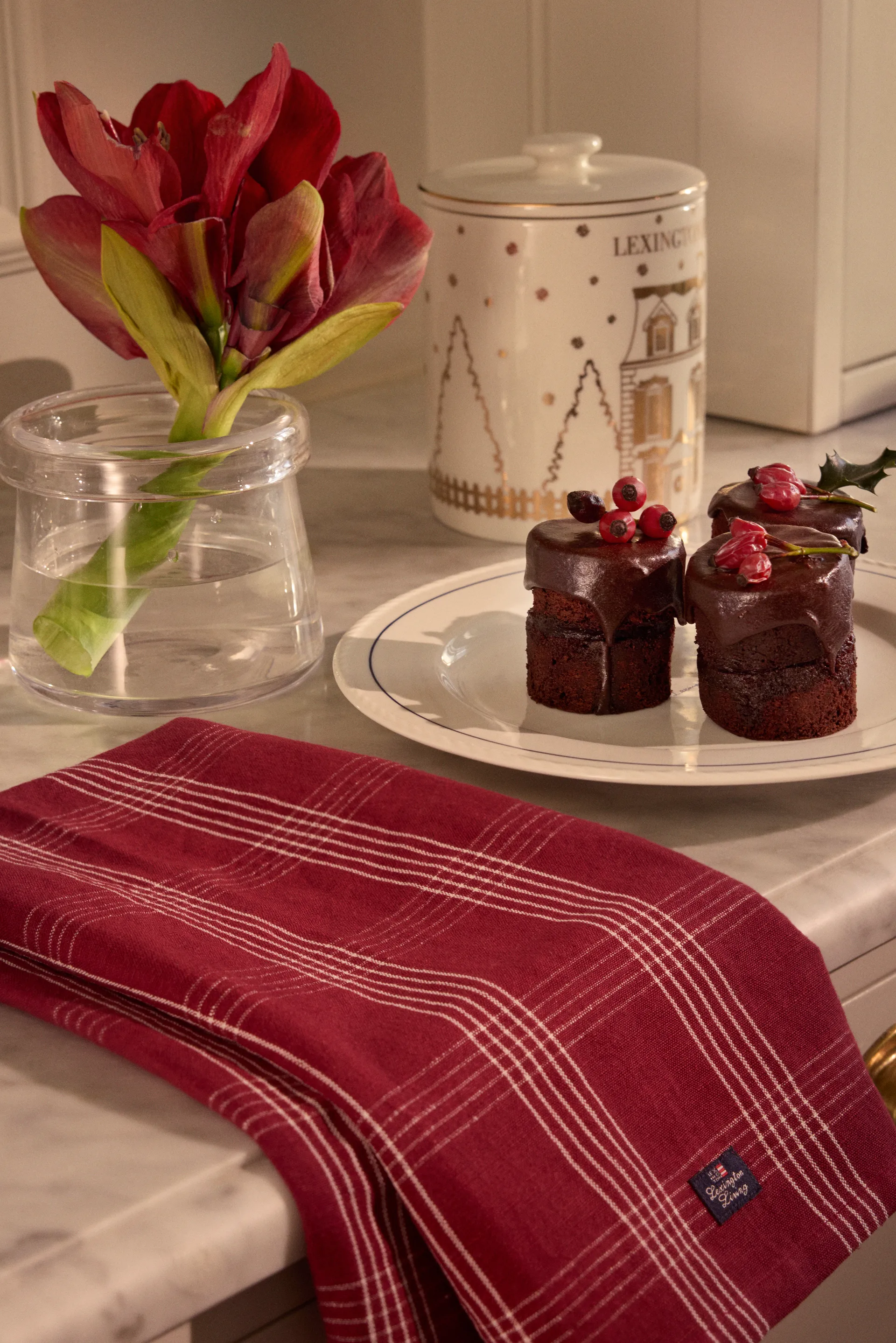 Geruit linnen/katoen keukendoek 50x70 cm, Red-white Lexington