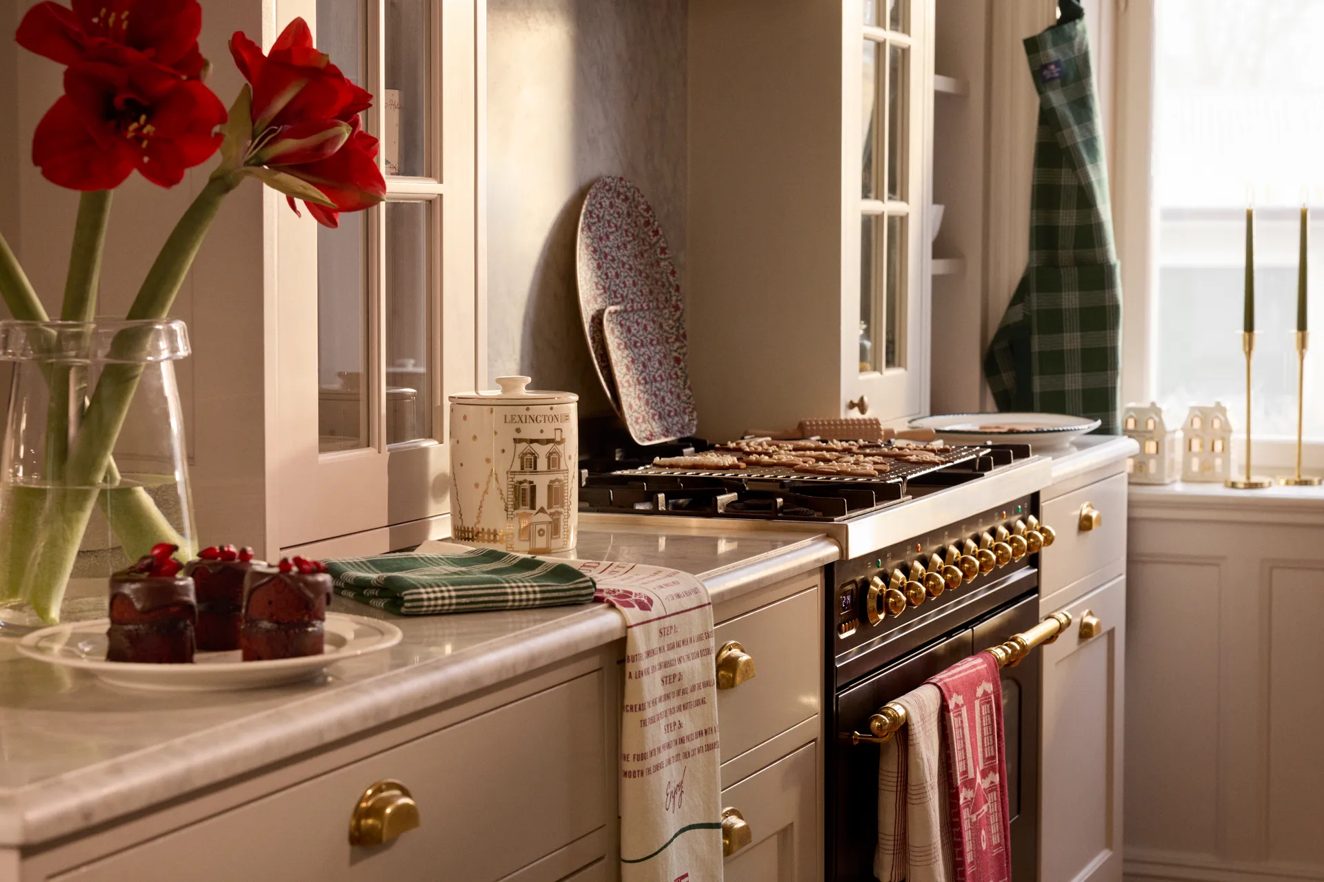 Geruit linnen/katoen keukendoek 50x70 cm, White-red Lexington