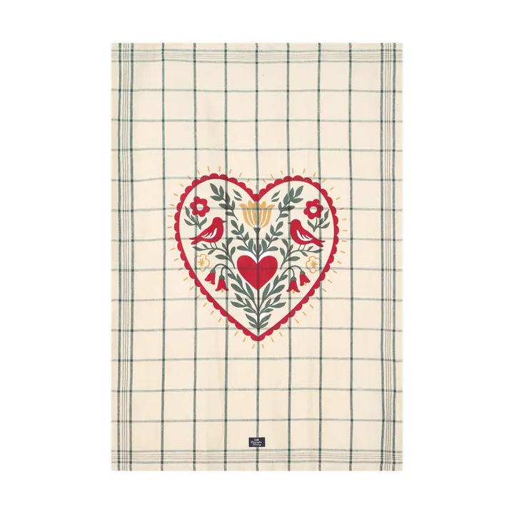 Heart linnen/katoen keukendoek - White-green-red, 50x70 cm - Lexington
