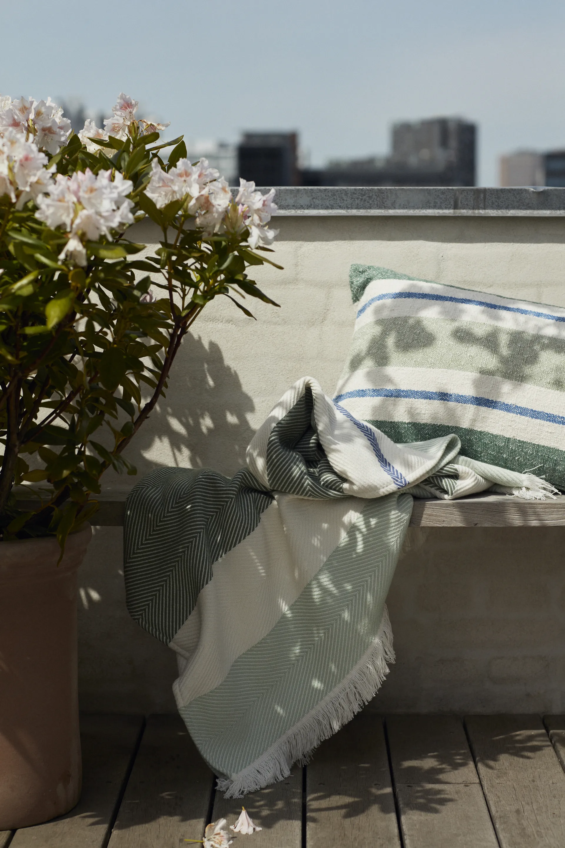 Herringbone Striped Recycled katoenen plaid, Wit-groen Lexington