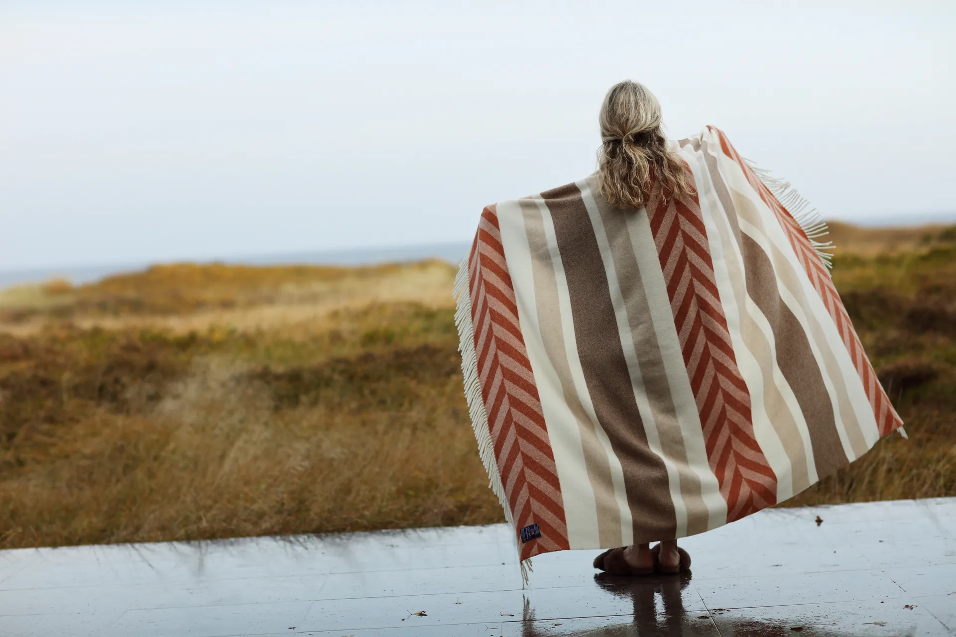 Herringbone Striped Recycled Wool plaid 130x170 cm, Copper-brown Lexington