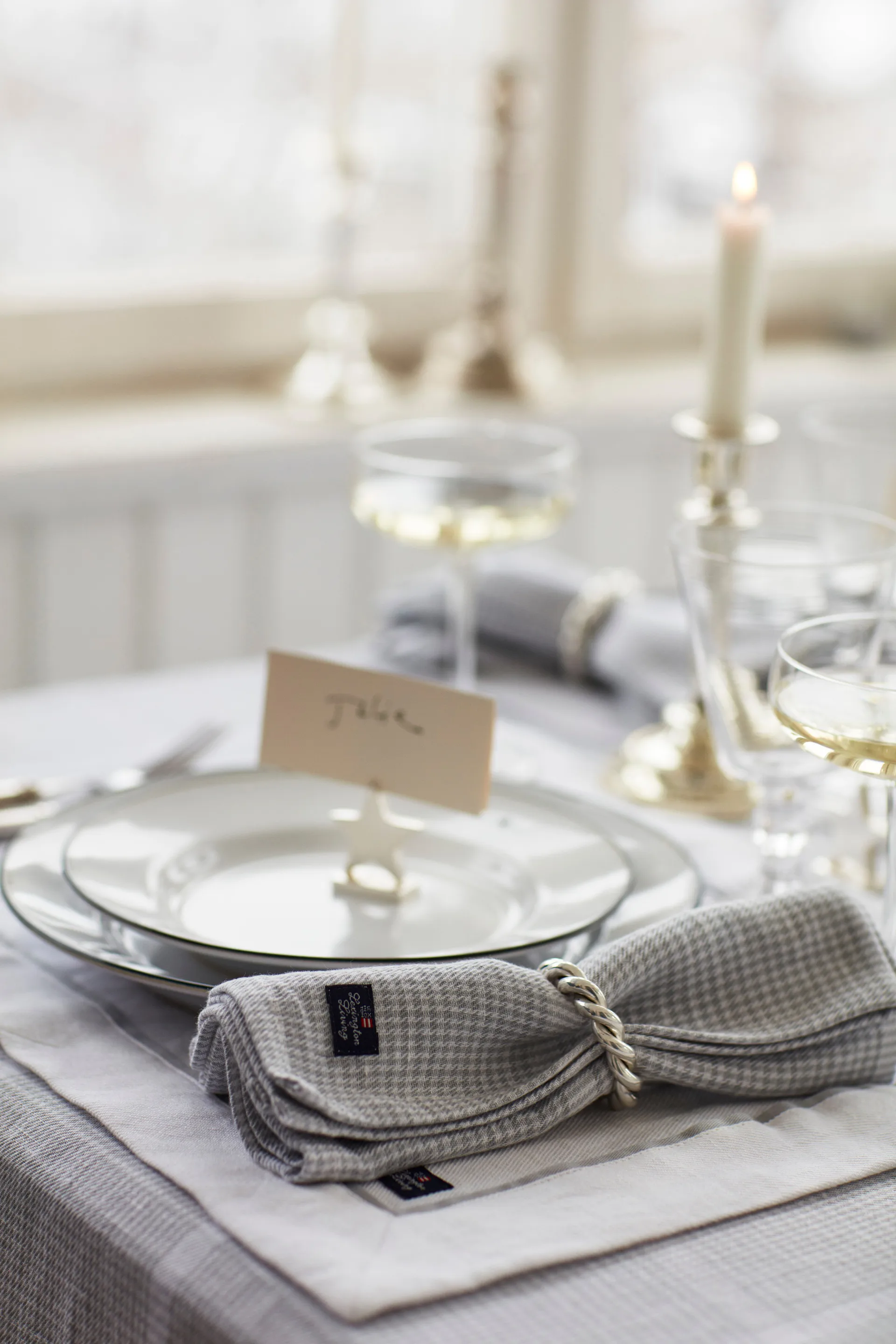 Pepita Check Cotton Linen stoffen servet 50x50 cm, White-light gray Lexington