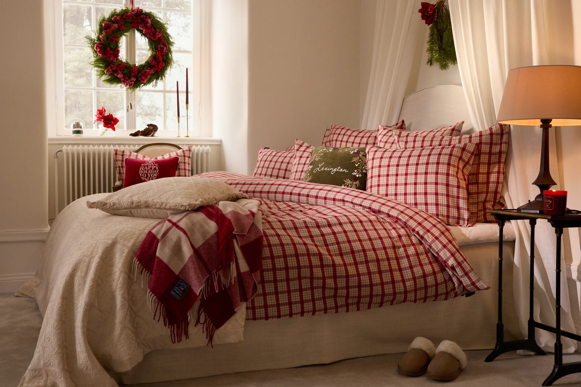 Red-beige Checked gerecyclede wol plaid 130x170 cm, Red-beige Lexington
