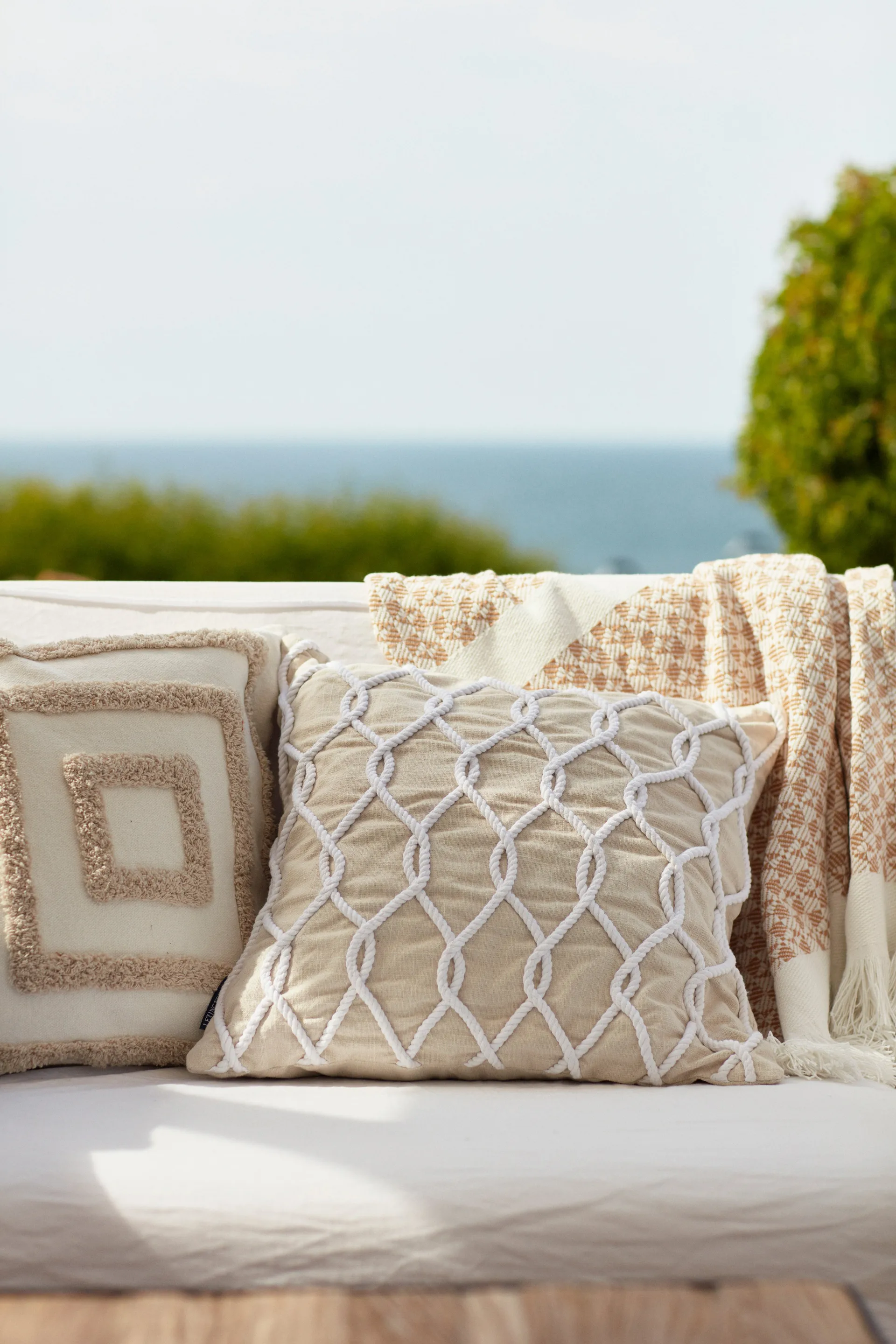 Rope Deco Canvas kussenhoes 50x50 cm, Lichtbeige-wit Lexington