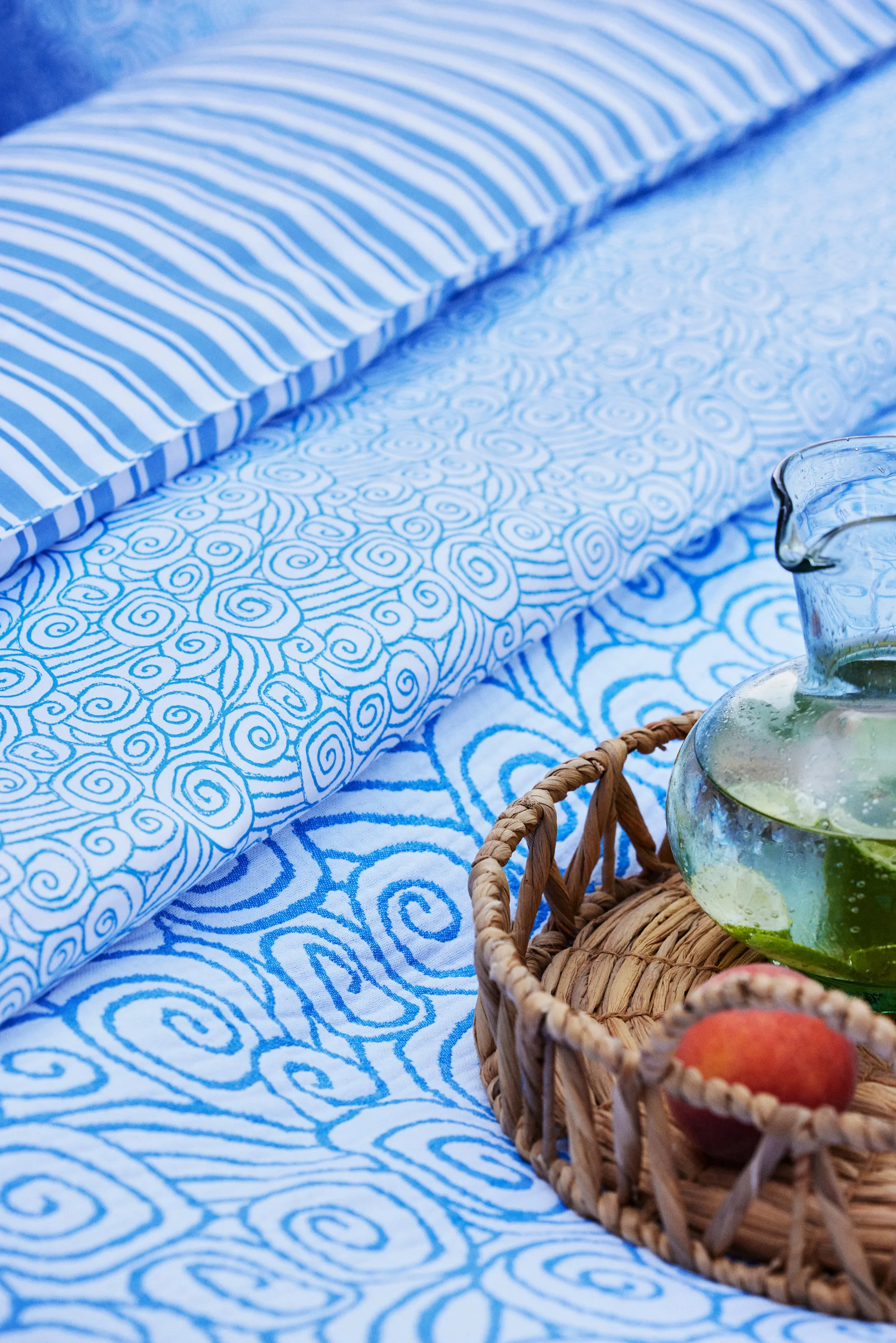 Wave Printed Cotton Sateen dekbedovertrekset, White-Blue, 1 kussensloop Lexington