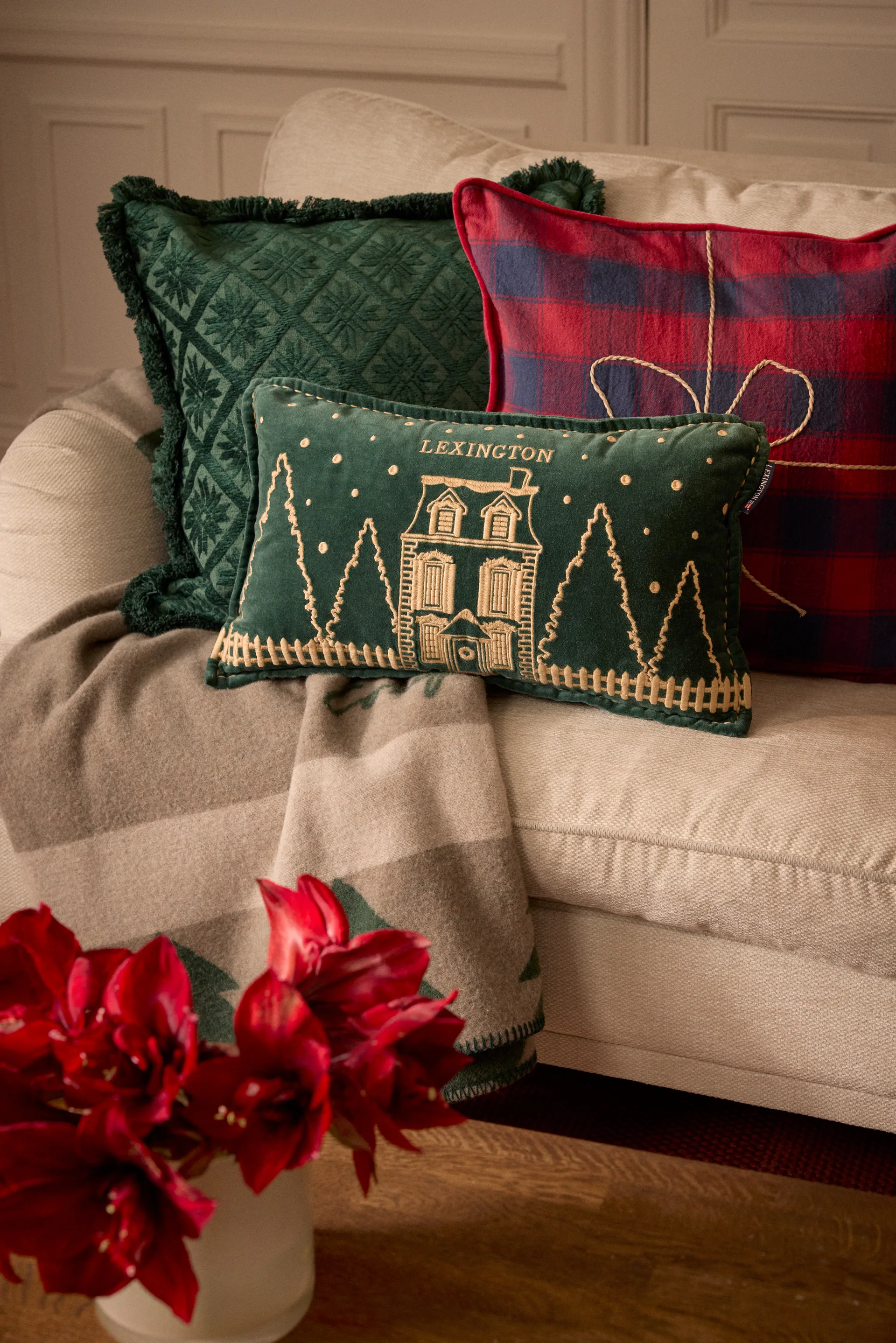 Wrapped checked eko. flanel kussensloop 50x50 cm, Dark blue-red Lexington