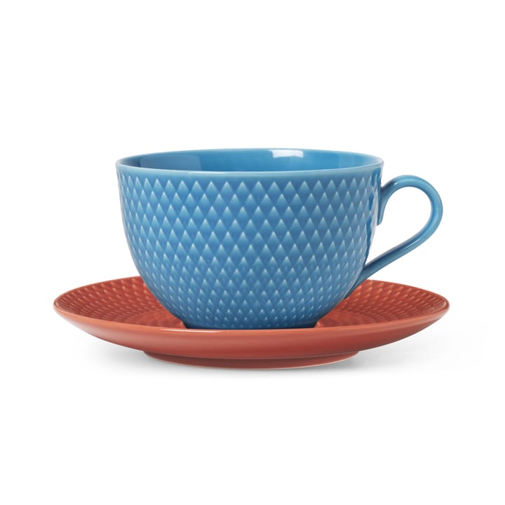 Rhombe theekop met schotel - Blauw-terracotta - Lyngby Porcelæn