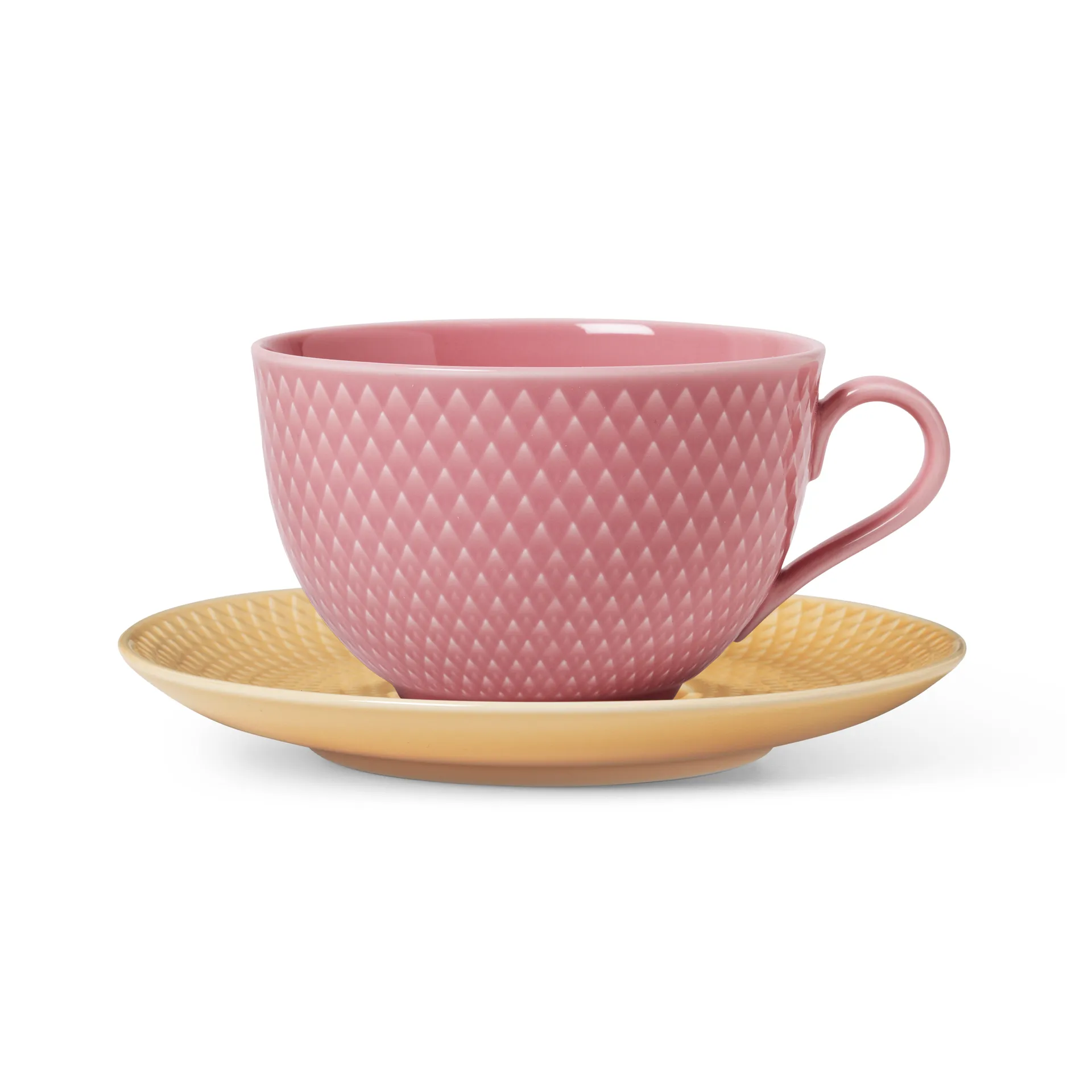 Rhombe theekop met schotel, Roze-zand Lyngby Porcelæn