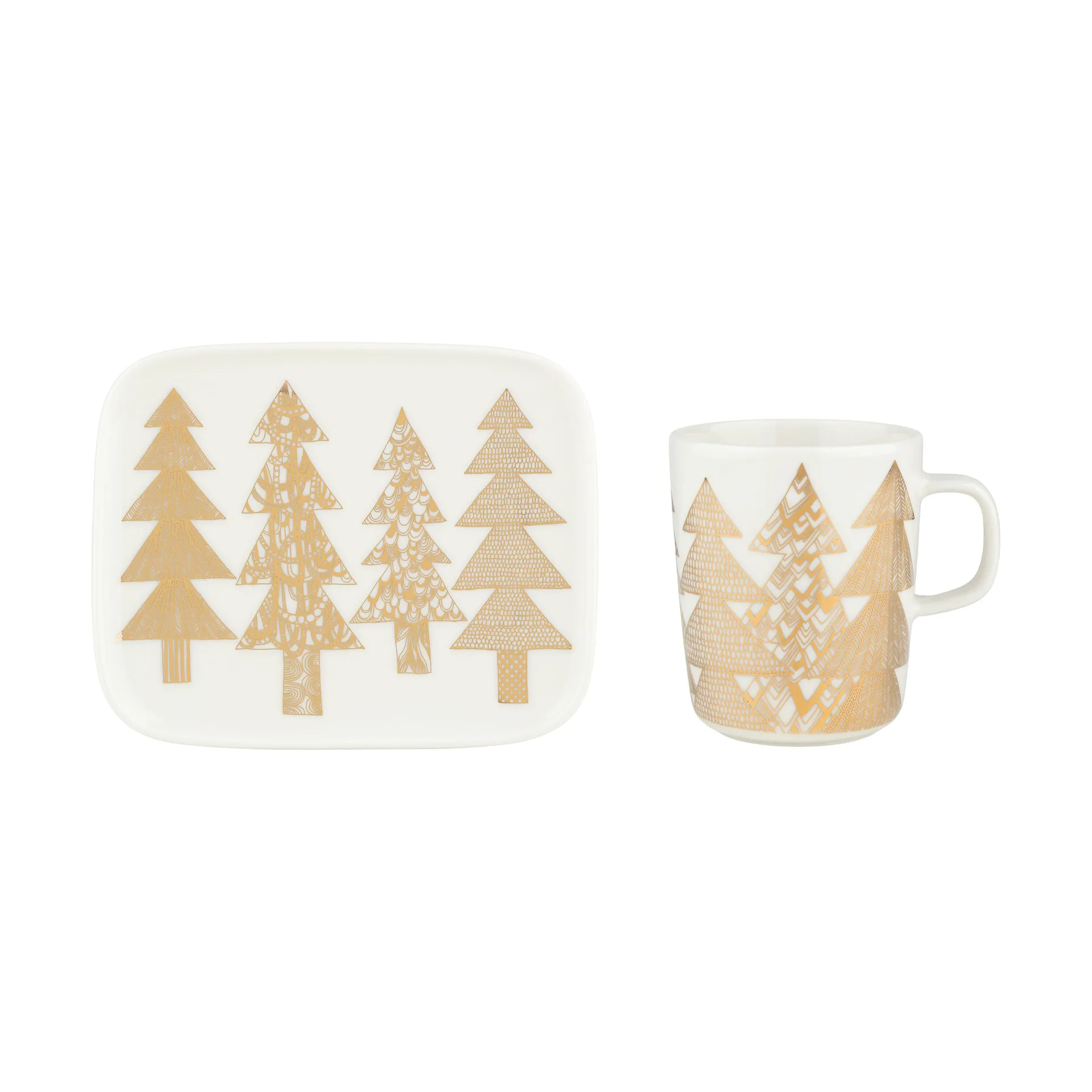Kuusikossa mok 25 cl + bord 15x12 cm, White-gold Marimekko