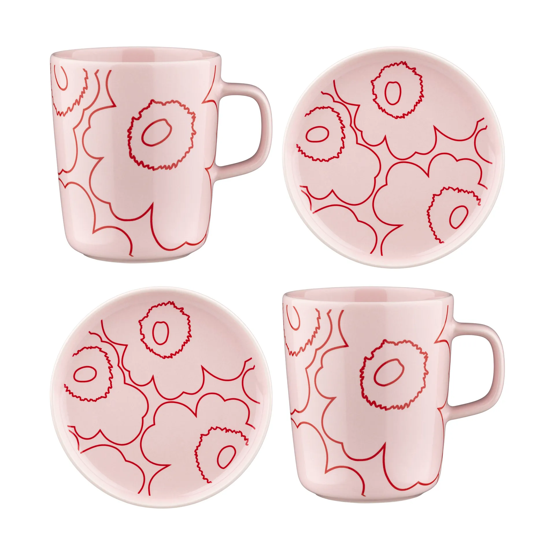 Piirto Unikko Oiva kop 25 cl en schotel Ø13,5 cm 4 stuks, Roze Marimekko