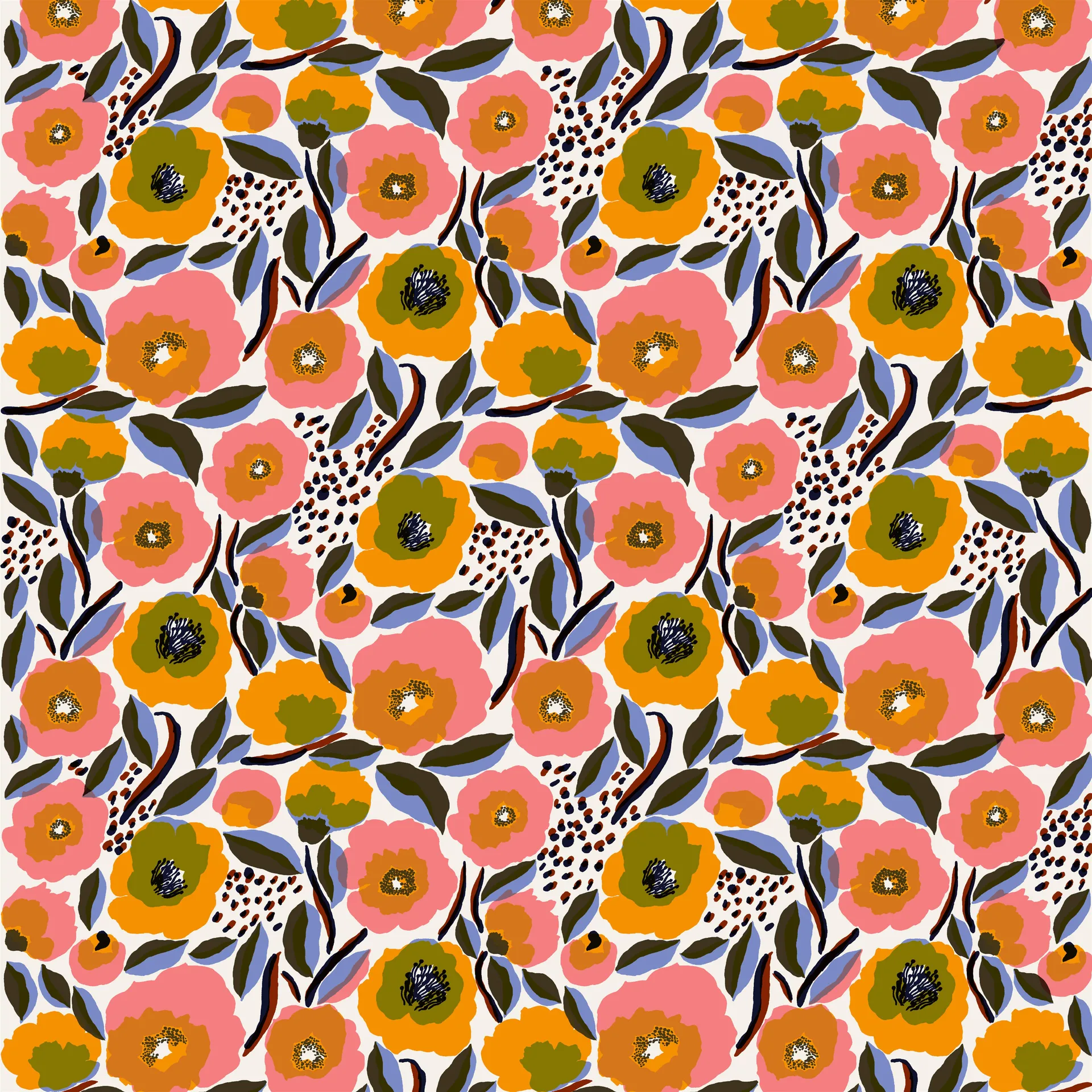 Rosarium stof, wit-rood-geel-blauw Marimekko