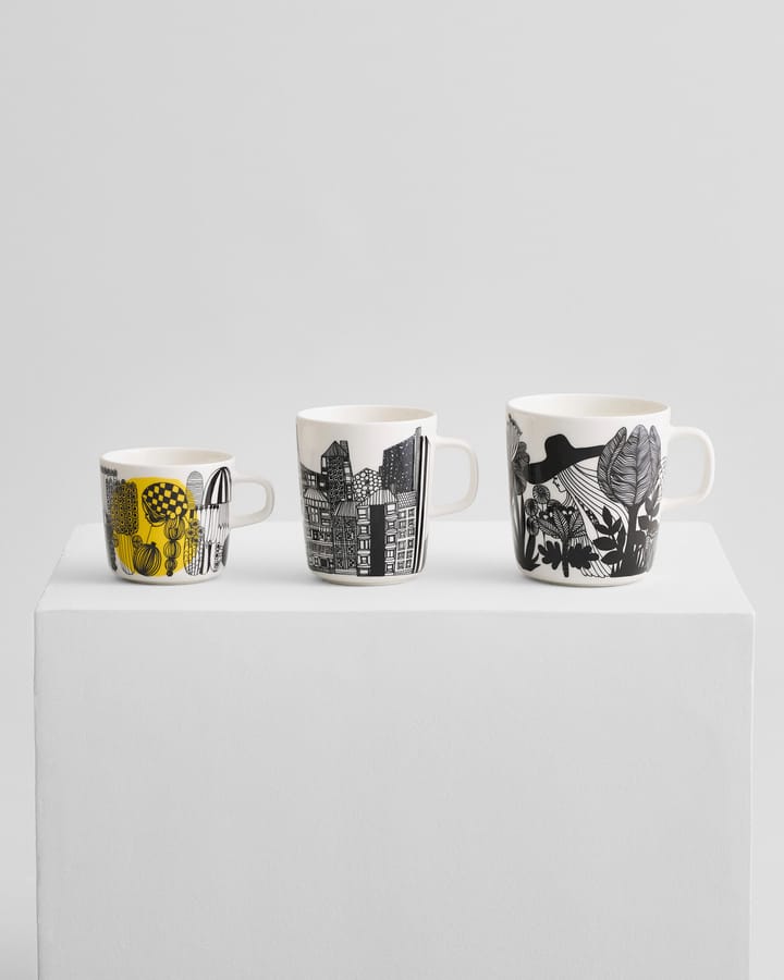 Siirtolapuutarha theekop, zwart-wit-rosa Marimekko