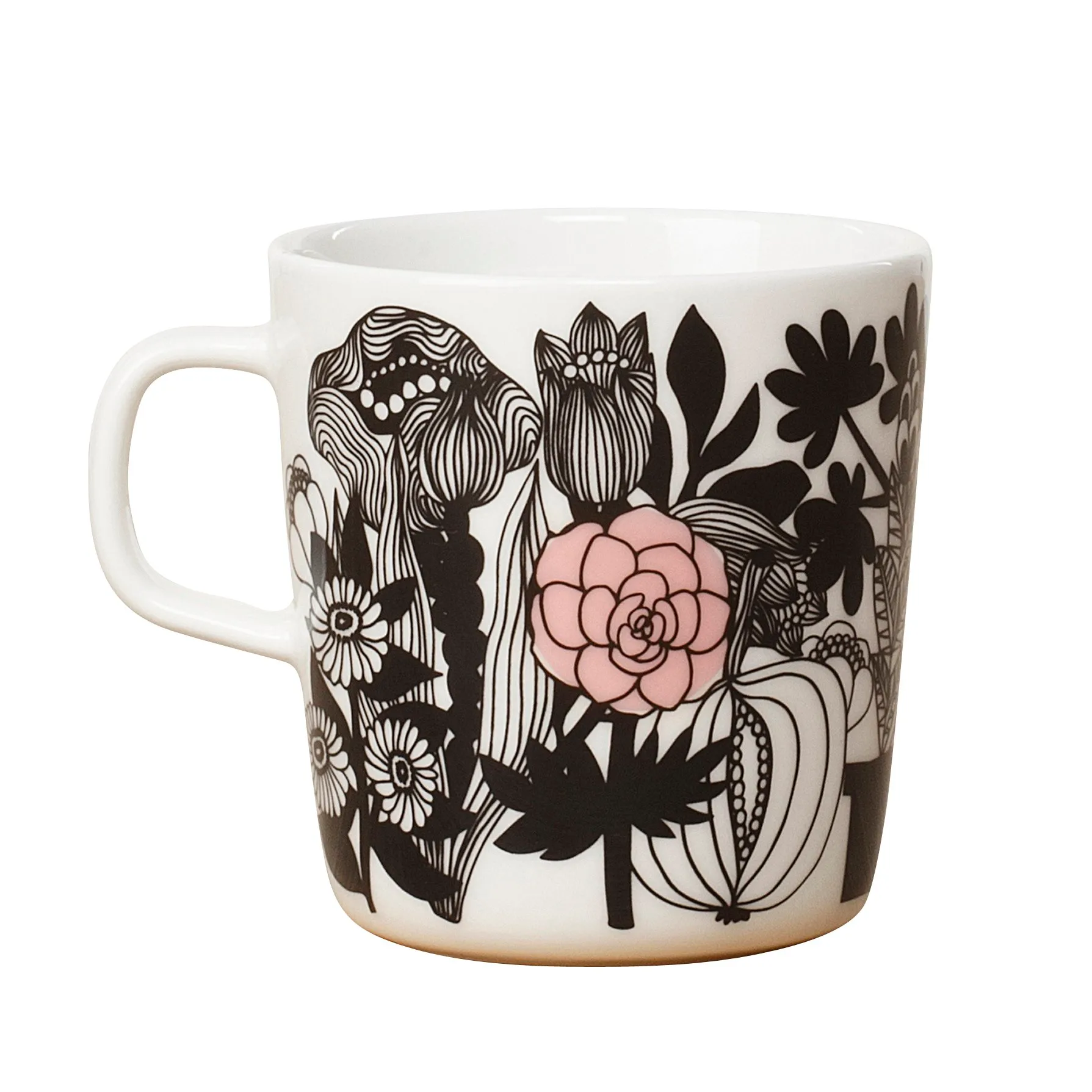Siirtolapuutarha theekop, zwart-wit-rosa Marimekko
