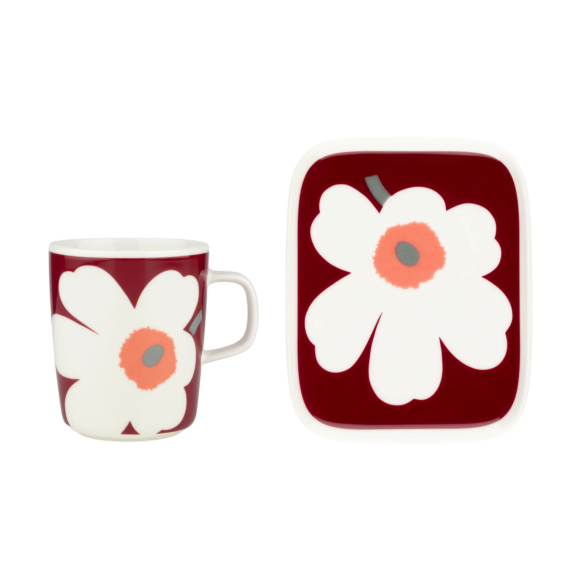 Unikko 60-jarig jubileum mok 25 cl + bord 12x15 cm, White-dark cherry-ash grey Marimekko