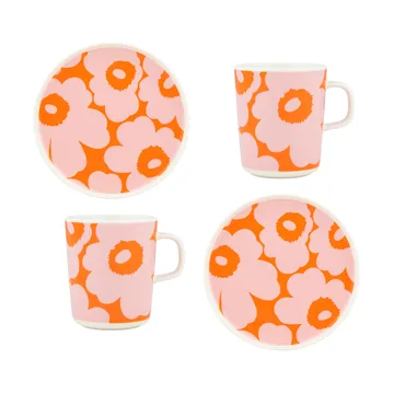 Unikko ontbijtset - White-pink-orange, 4 delar - Marimekko
