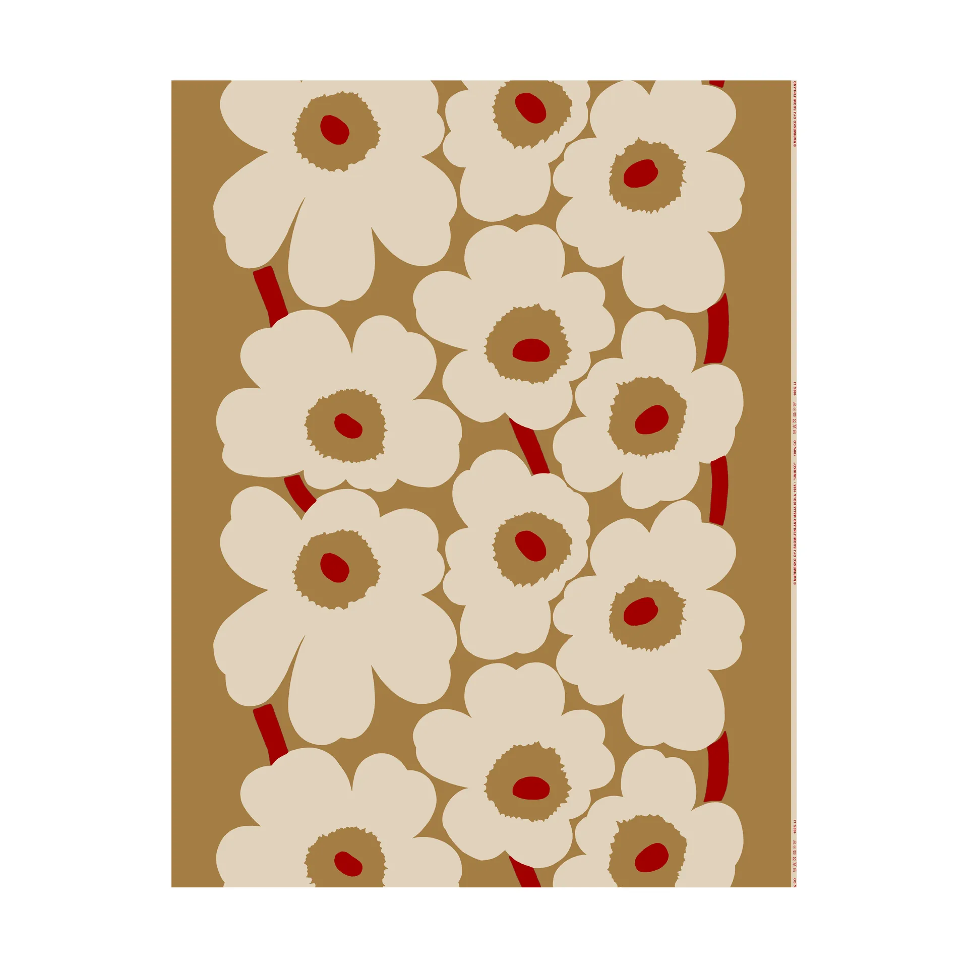 Unikko stof katoen-linnen, Brown-linen-red Marimekko
