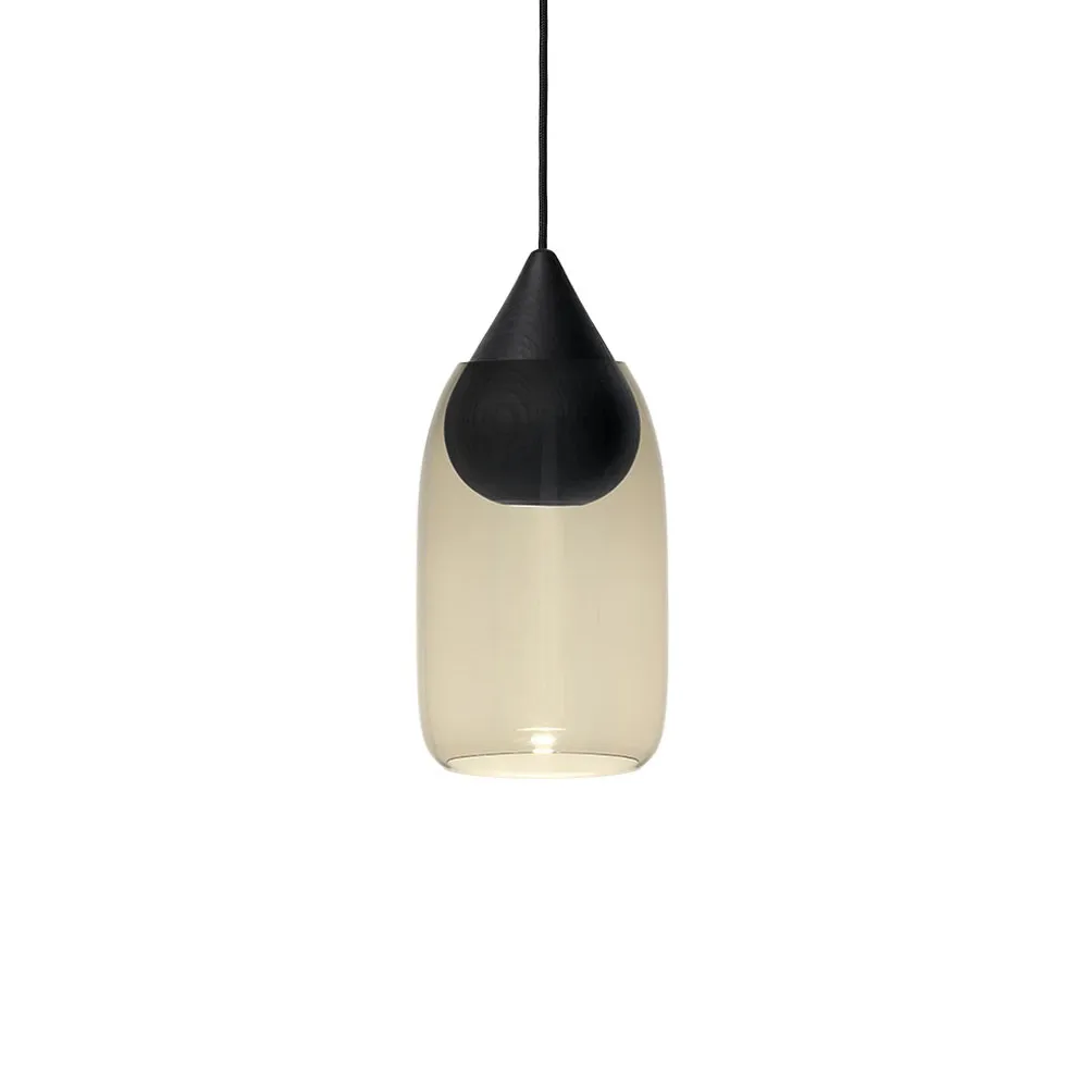 Liuku Drop hanglamp, smoked glass, zwartgelakt lindehout Mater