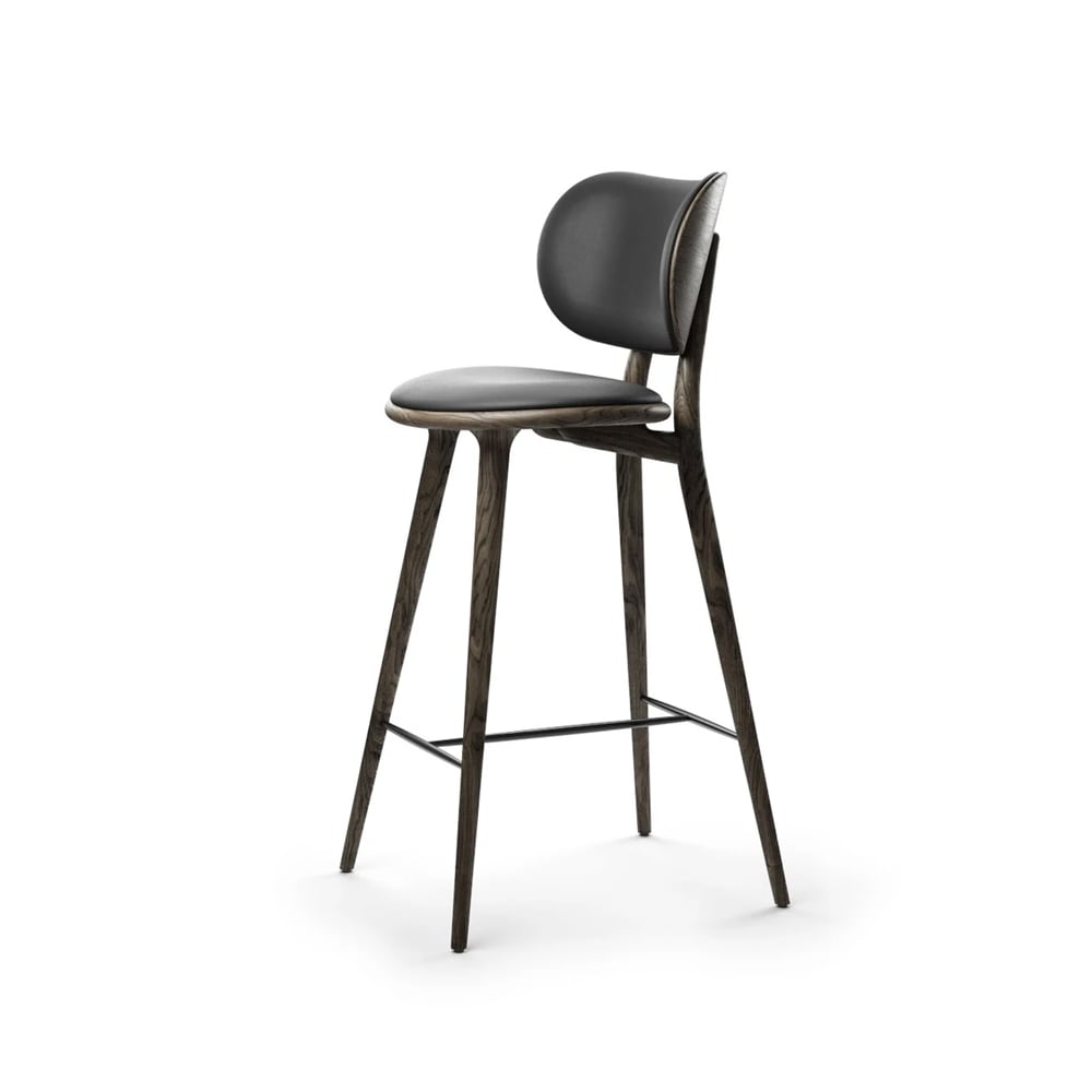 Mater High Stool Backrest barkruk laag leer zwart, sirka grey eikenhouten onderstel