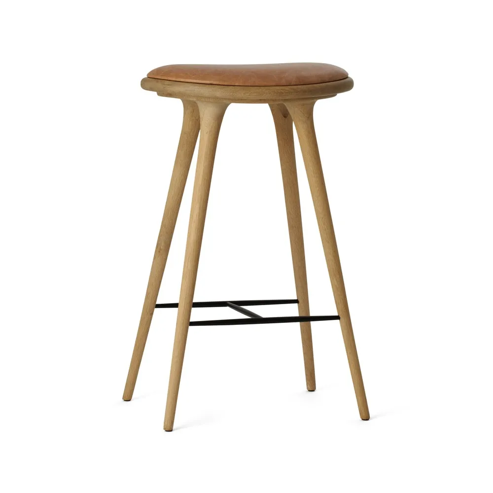 Mater high stool barkruk hoog 74 cm, leer natuur, gezeept eikenhouten onderstel Mater
