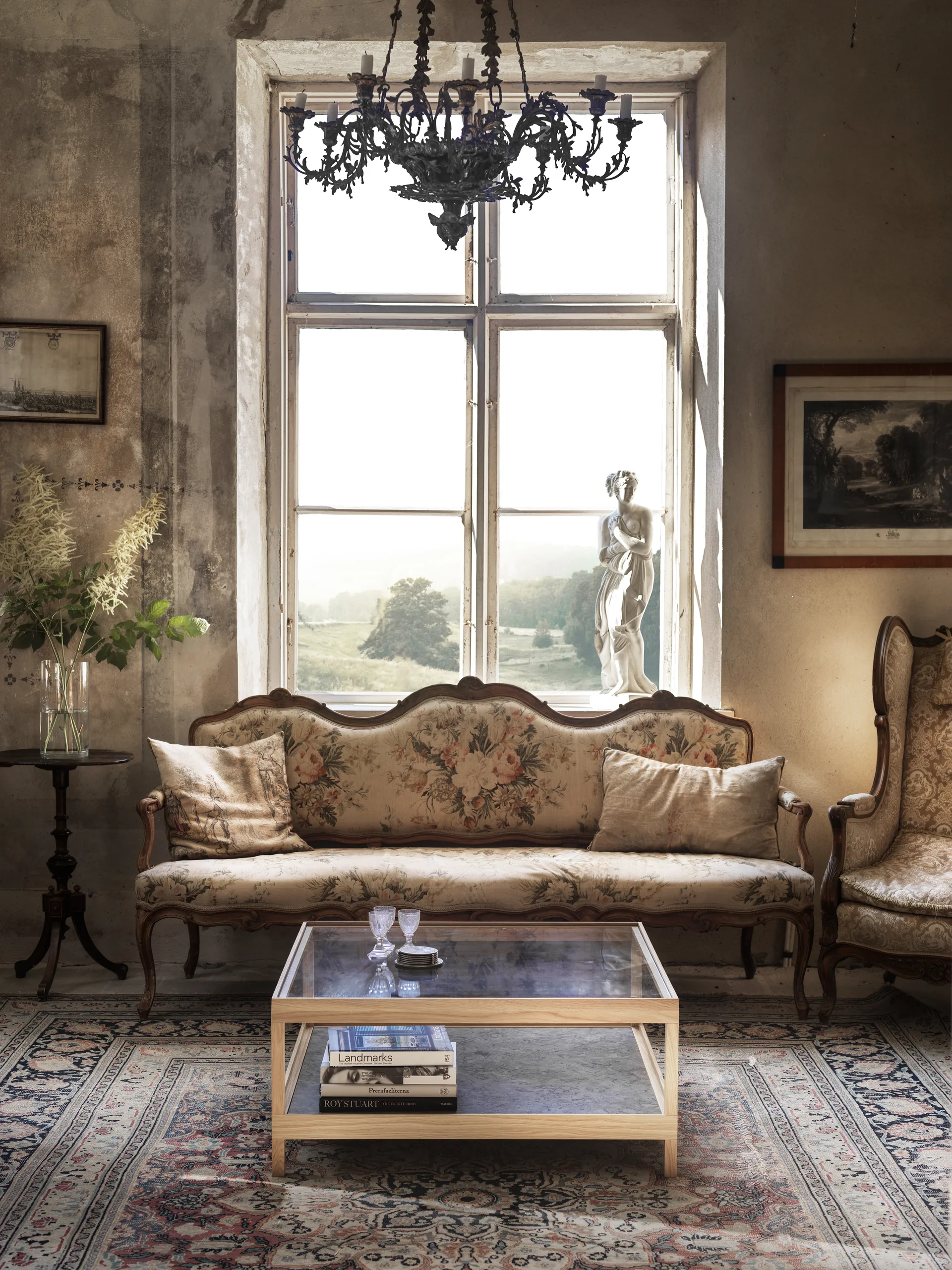 Ima salontafel 90x90 cm, Witpig. matgelakte eik, kalksteen Mavis