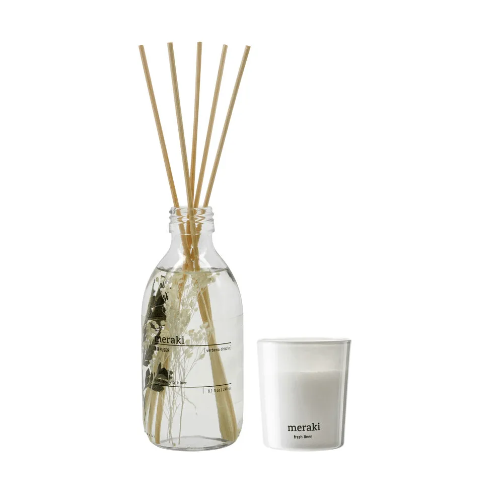 Meraki geschenkset geurstokjes en geurkaars, Verbena drizzle-fresh linen Meraki
