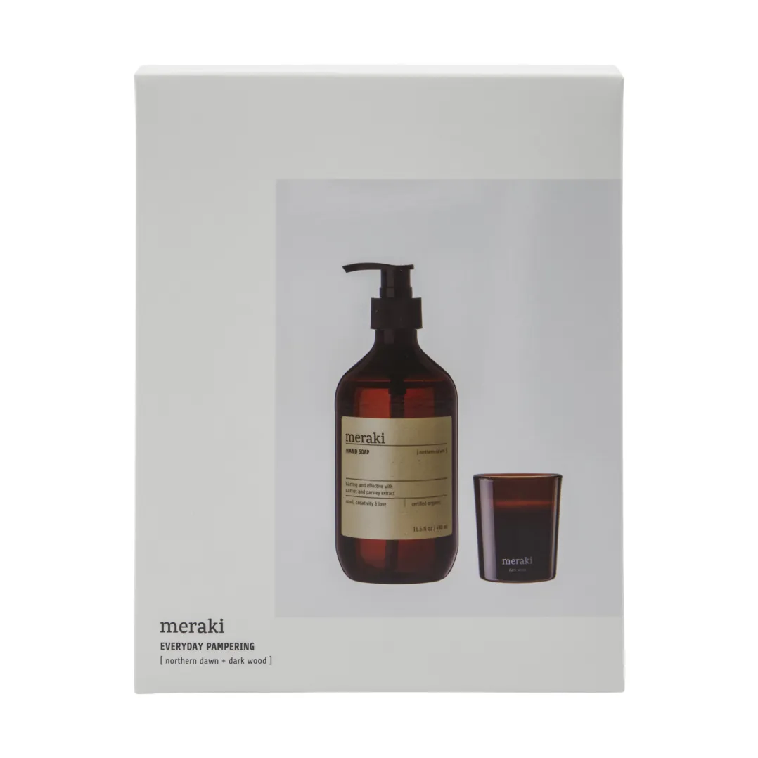 Meraki geschenkset handzeep en geurkaars, Northern dawn + dark wood Meraki