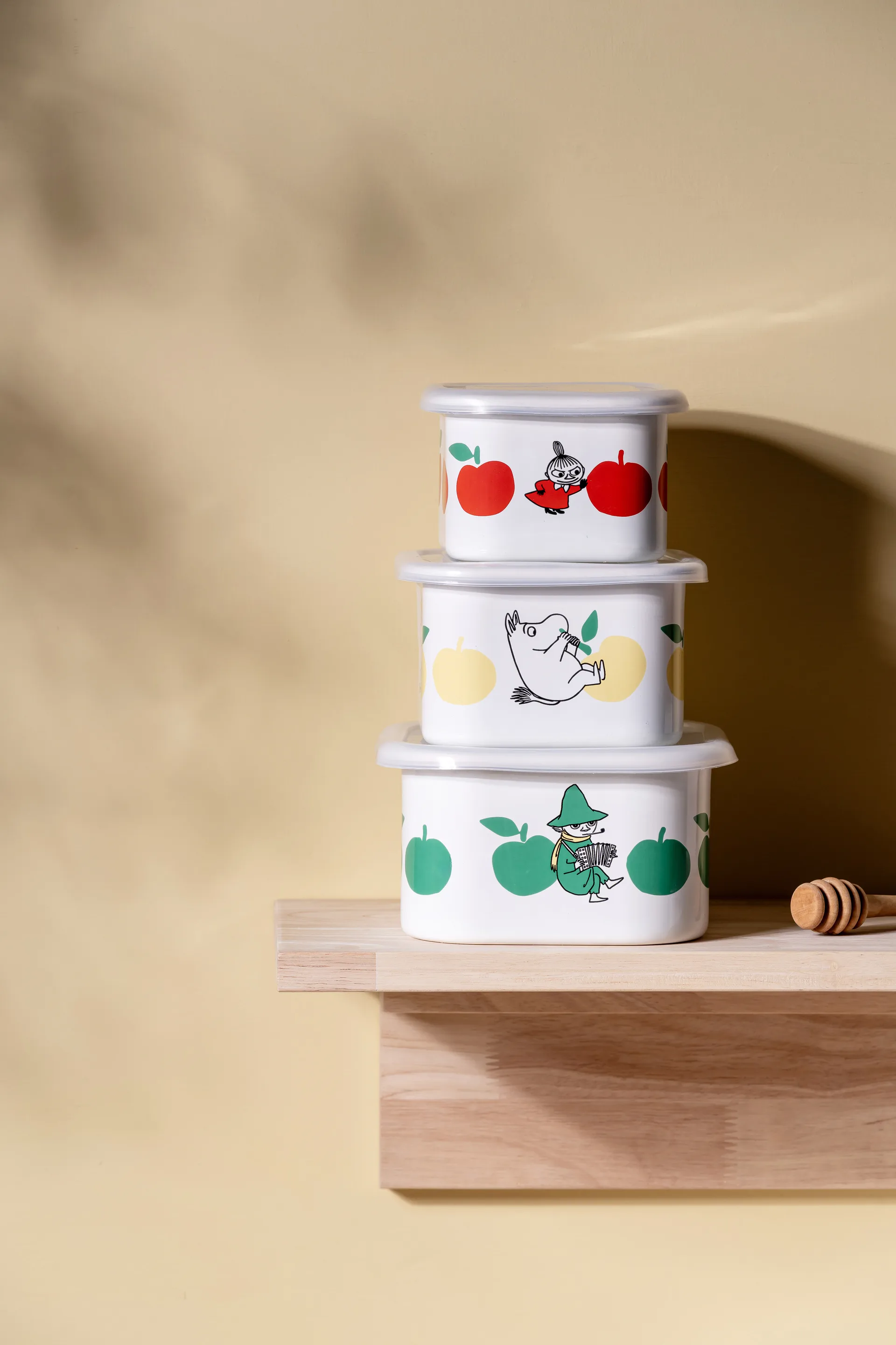 Mumin emaillebus met deksel 1 L, Joyfull Apples-gul Muurla