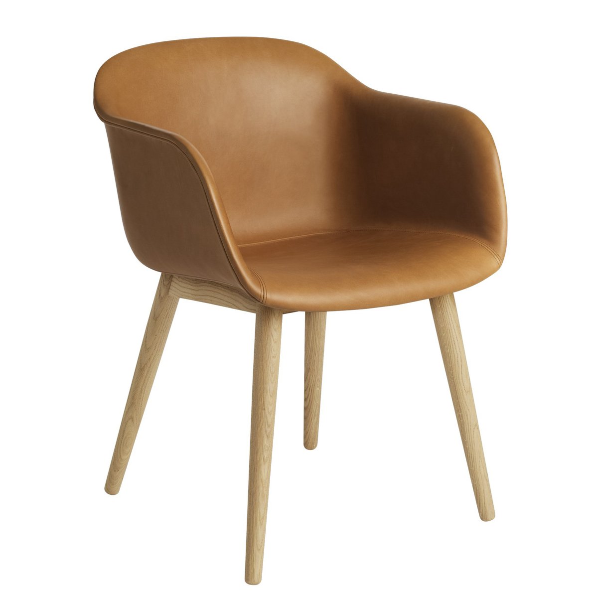 Muuto Fiber Chair stoel met armleuningen en houten poten Cognac leather-oak