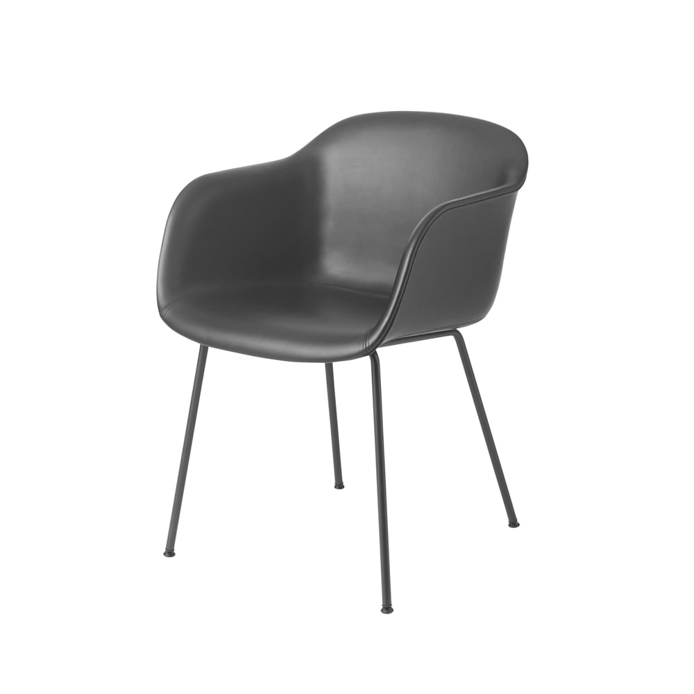 Muuto Fiber Stoel met armleuningen tube base Refine leather black-Black