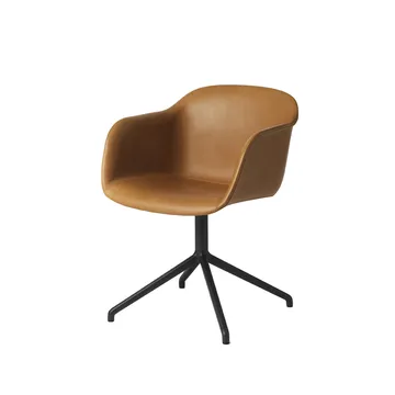 Fiber Stoel met armleuningen tube base - Refine leather cognac-Black - Muuto