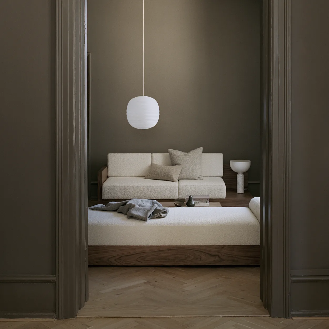 Lantern hanglamp large, Frosted white opal glass New Works