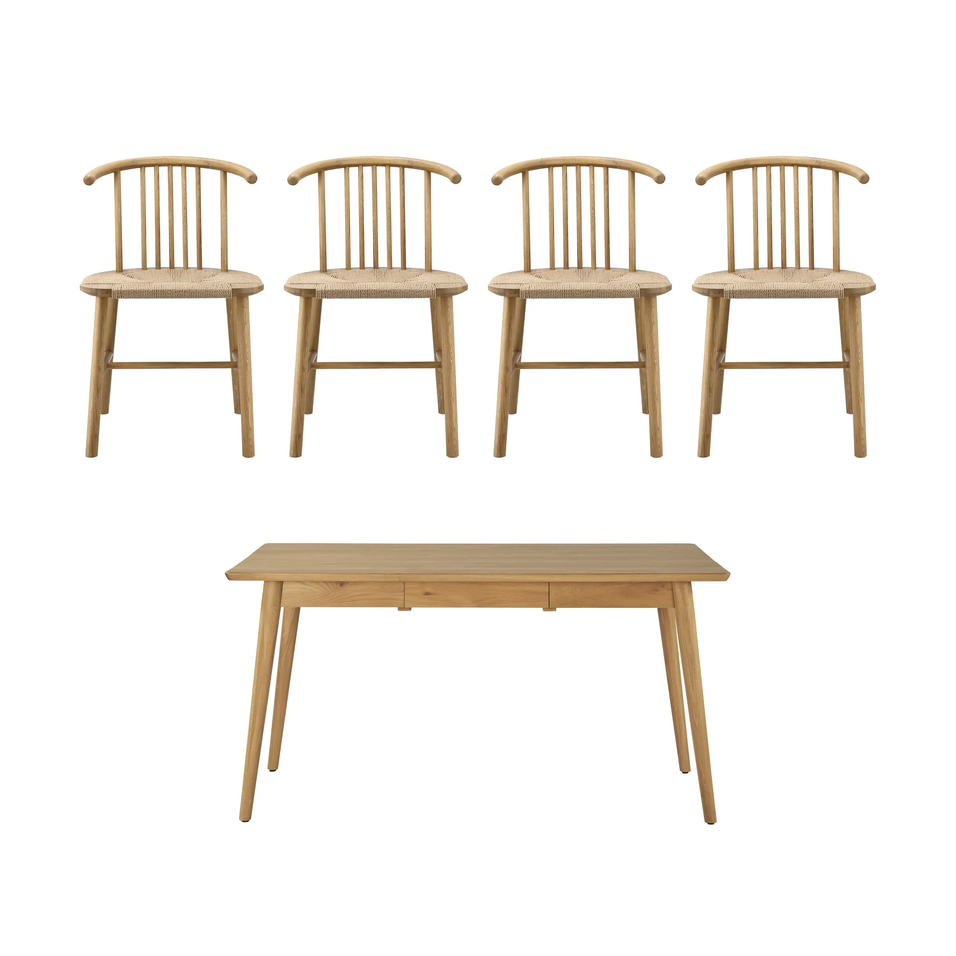 VIOR eettafel 120 cm + stoel 4‑pack – Gelakt eiken‑naturel,  NJRD