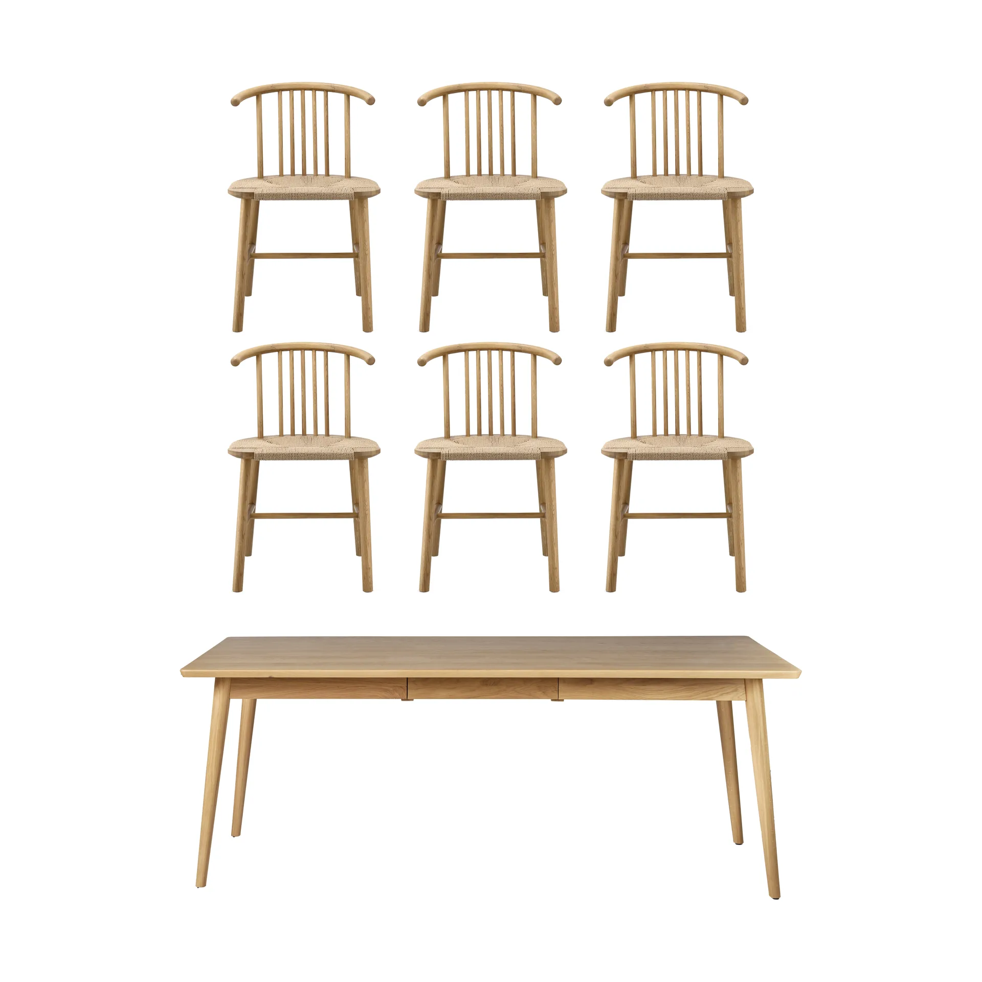 VIOR eettafel 200 cm + stoel 6‑pack – Gelakt eiken‑naturel NJRD
