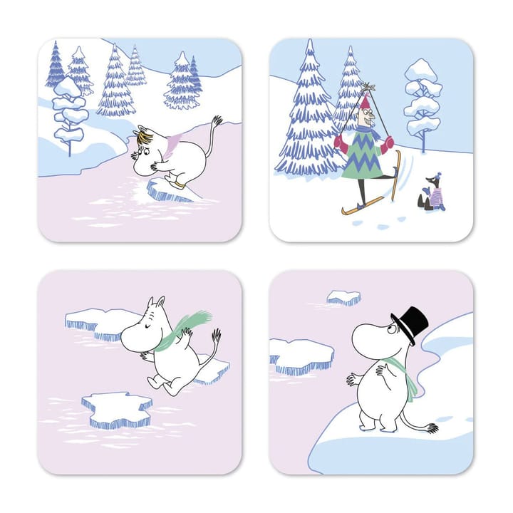 Moomin glasonderzetter winter 2022 9x9 cm 4-pack - Blauw-wit-roze - Opto Design