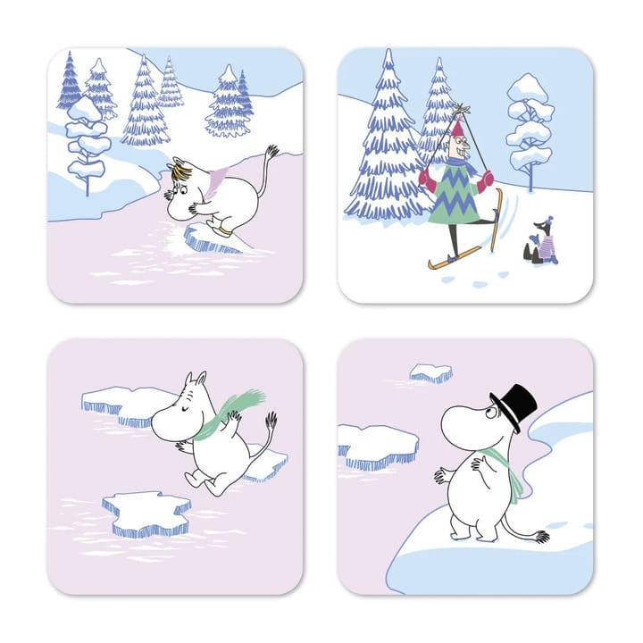 Moomin glasonderzetter winter 2022 9x9 cm 4-pack - Blauw-wit-roze - Opto Design