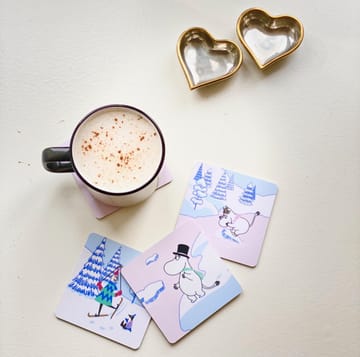 Moomin glasonderzetter winter 2022 9x9 cm 4-pack - Blauw-wit-roze - Opto Design
