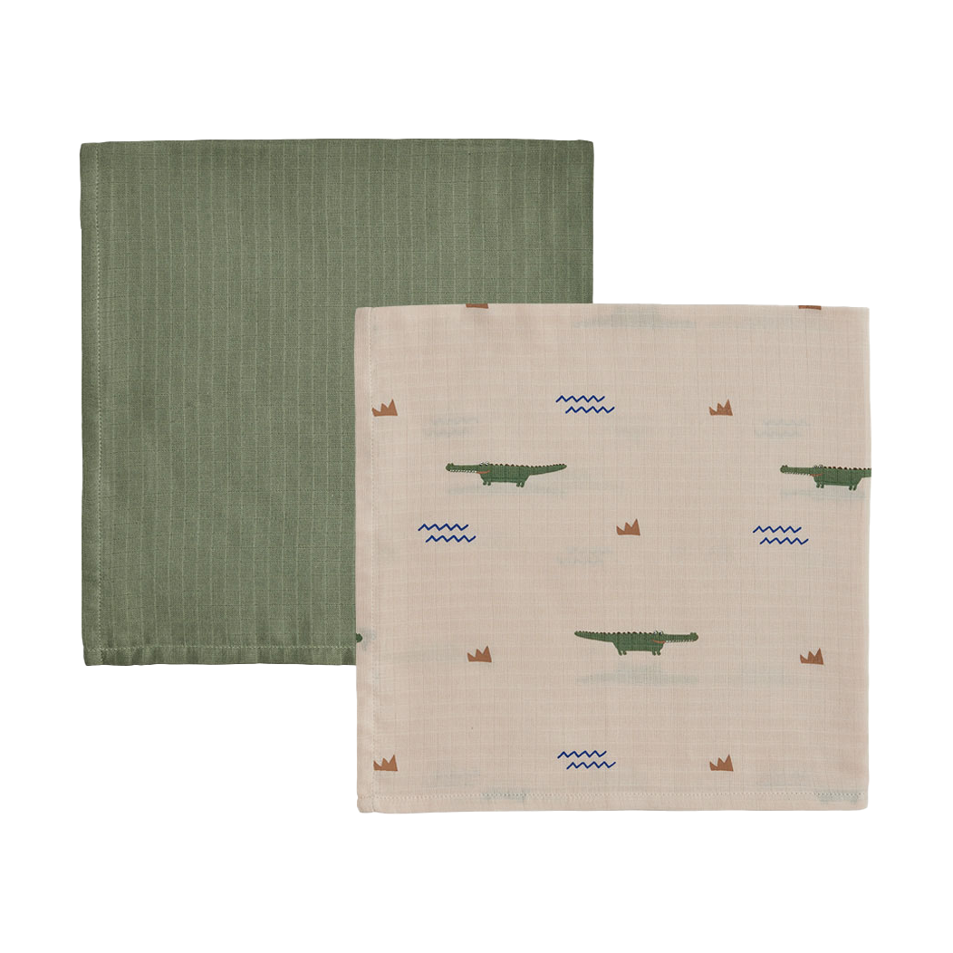 OYOY Crocodile hydrofiele doek 2-pack Beige-olive green